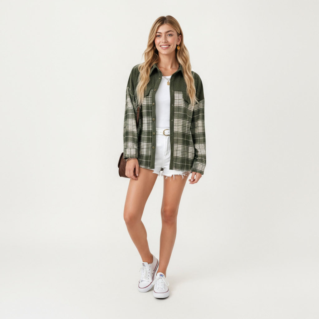 Anna-Kaci Women¡¯s Plaid Button Down Shirt Jacket with Chest Pocket Soft Textured Woven Fabric Relaxed Long Sleeve Design