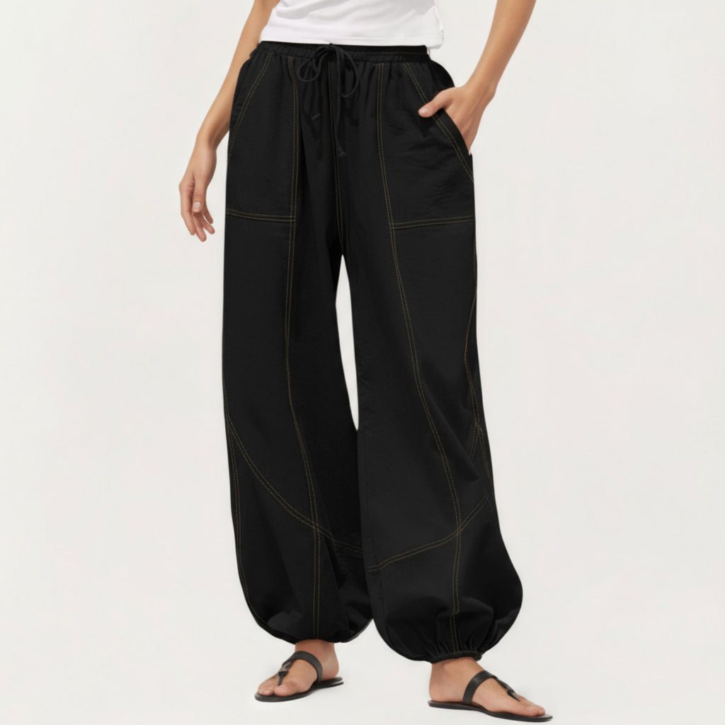 Anna-Kaci Women¡¯s Wide Leg Drawstring Pants with Contrast Stitching Front Patch Pockets Relaxed Elastic Hem Design