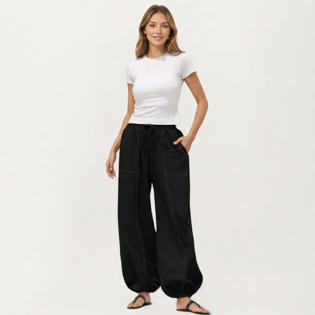 Anna-Kaci Women¡¯s Wide Leg Drawstring Pants with Contrast Stitching Front Patch Pockets Relaxed Elastic Hem Design