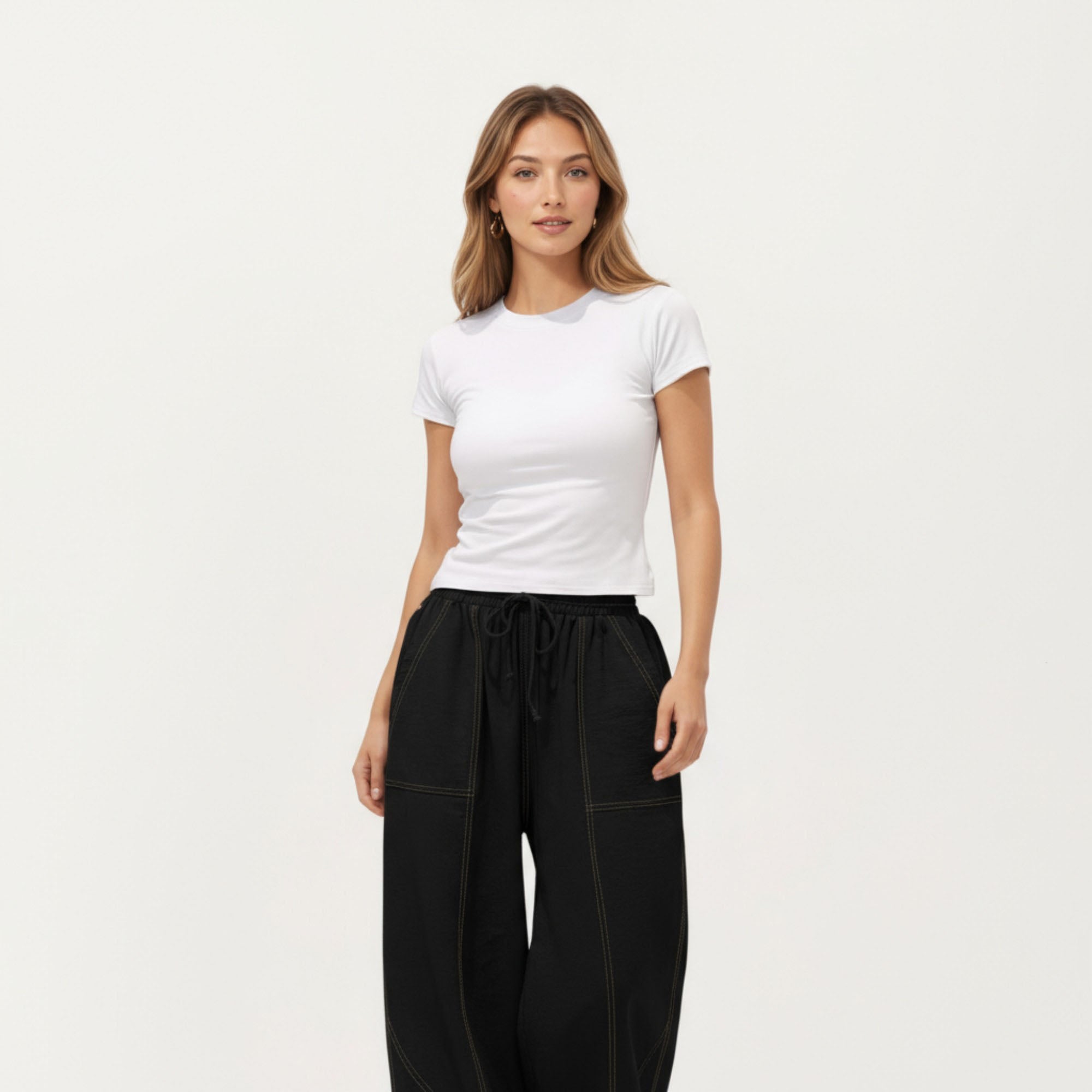 Anna-Kaci Women¡¯s Wide Leg Drawstring Pants with Contrast Stitching Front Patch Pockets Relaxed Elastic Hem Design