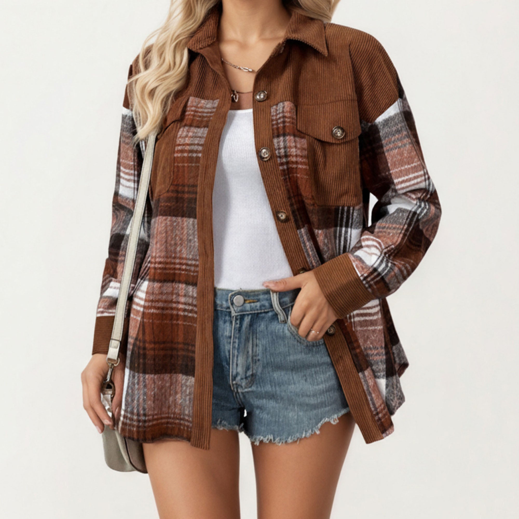 Anna-Kaci Women¡¯s Plaid Button Front Shirt Jacket with Soft Corduroy Contrast Long Sleeves Chest Pocket Detail