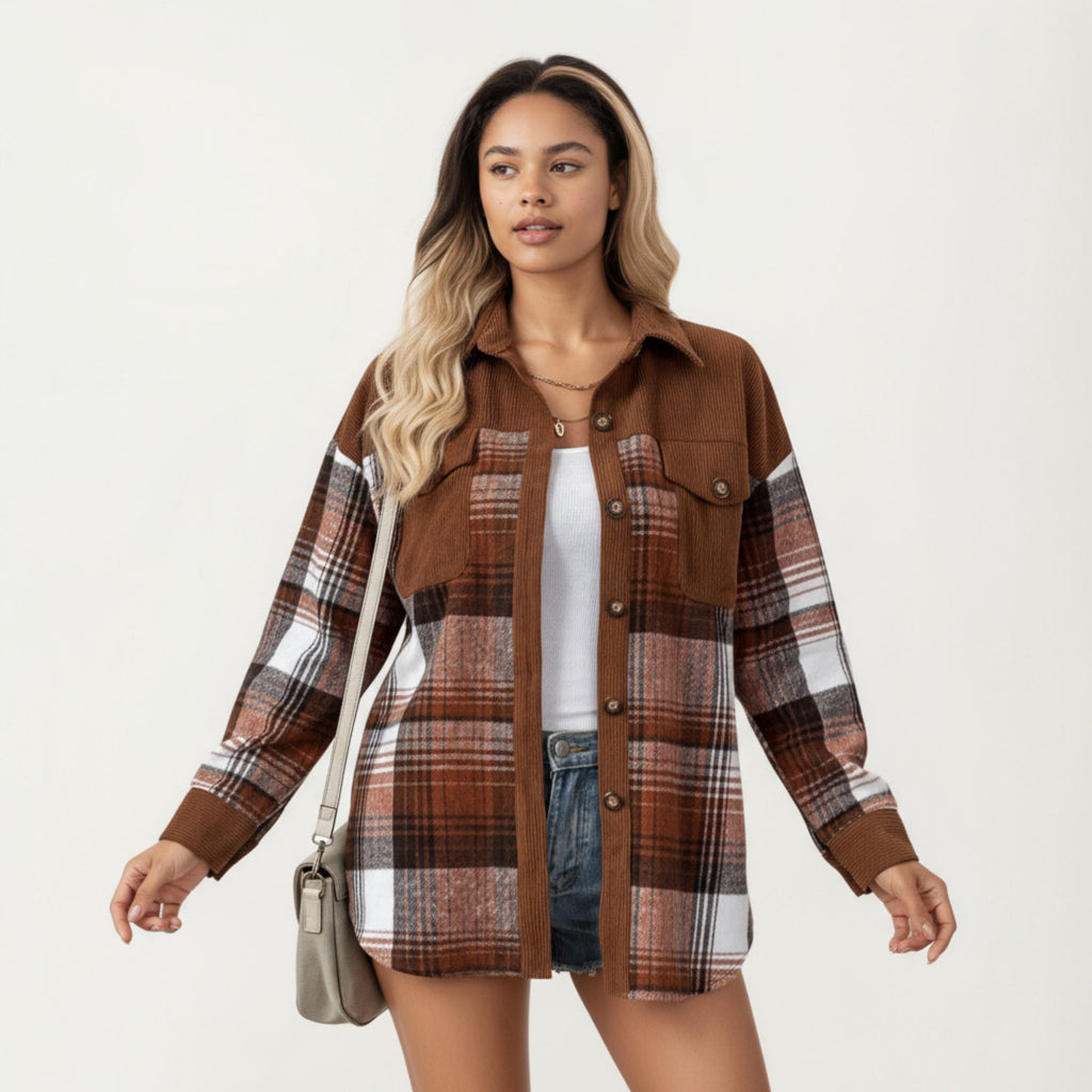 Anna-Kaci Women¡¯s Plaid Button Front Shirt Jacket with Soft Corduroy Contrast Long Sleeves Chest Pocket Detail