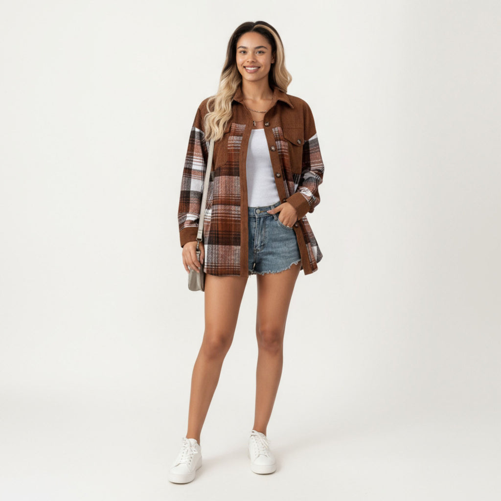Anna-Kaci Women¡¯s Plaid Button Front Shirt Jacket with Soft Corduroy Contrast Long Sleeves Chest Pocket Detail