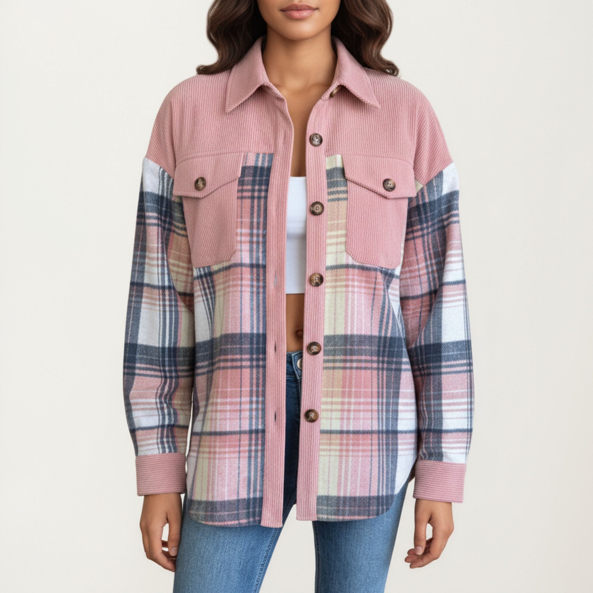 Anna-Kaci Women¡¯s Plaid Button Front Shirt Jacket with Soft Corduroy Contrast Long Sleeves Chest Pocket Detail