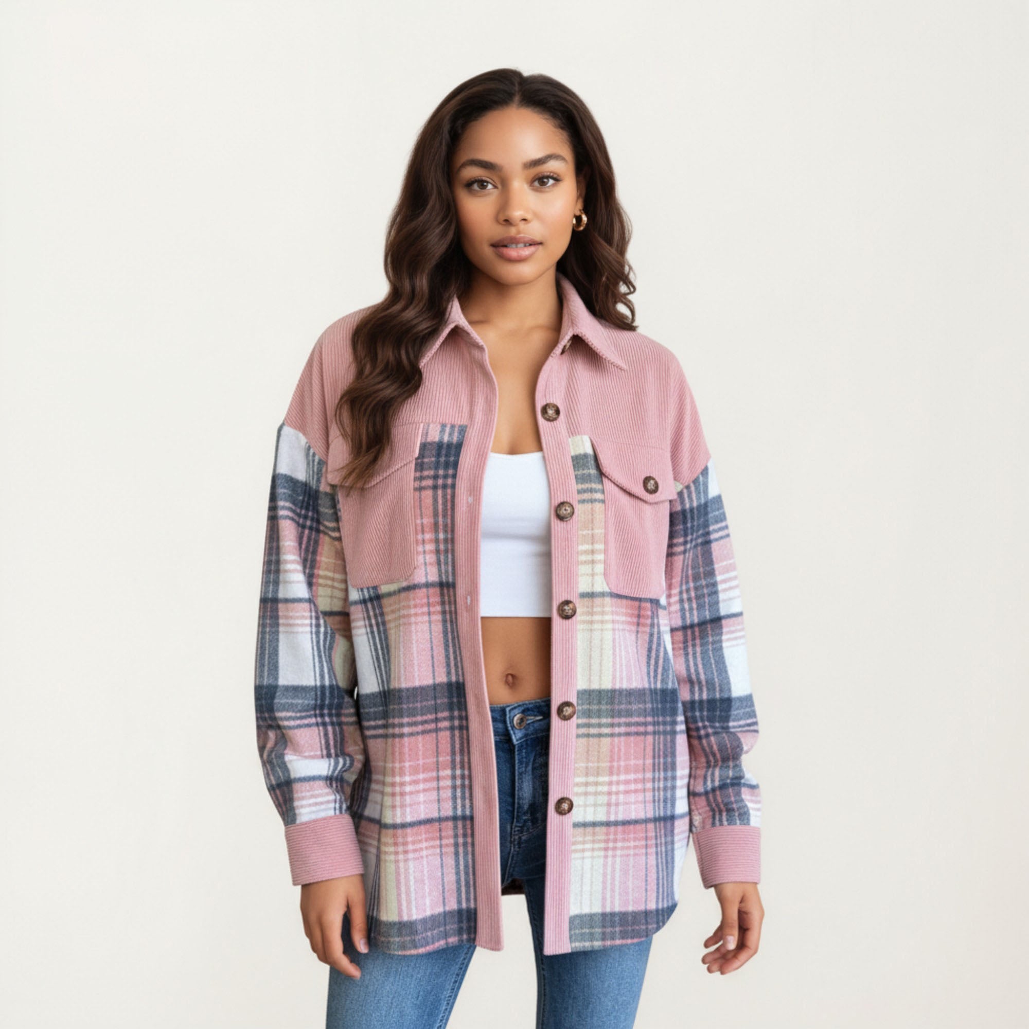 Anna-Kaci Women¡¯s Plaid Button Front Shirt Jacket with Soft Corduroy Contrast Long Sleeves Chest Pocket Detail