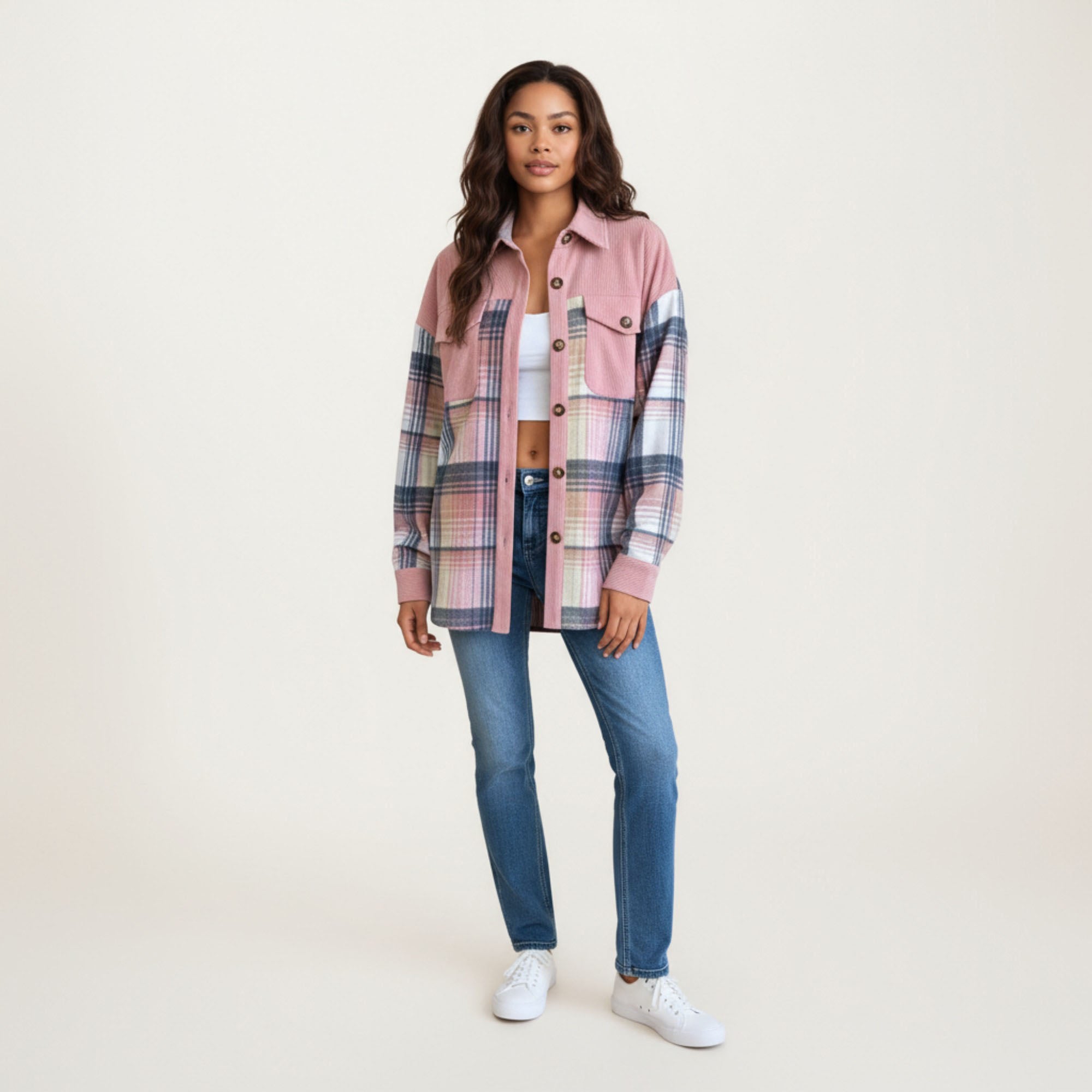 Anna-Kaci Women¡¯s Plaid Button Front Shirt Jacket with Soft Corduroy Contrast Long Sleeves Chest Pocket Detail