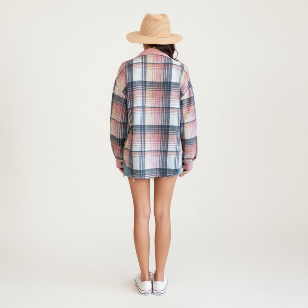 Anna-Kaci Women¡¯s Plaid Button Front Shirt Jacket with Soft Corduroy Contrast Long Sleeves Chest Pocket Detail