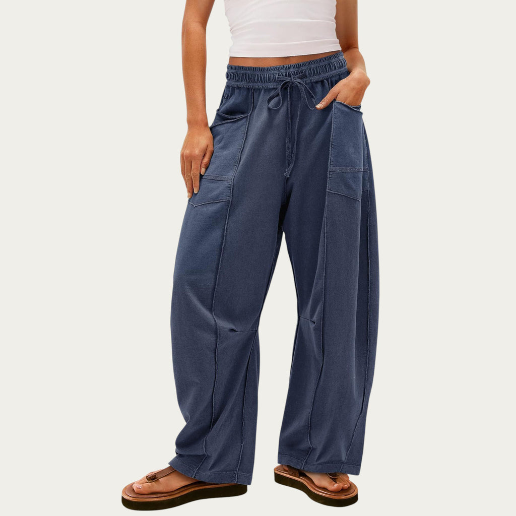 Anna-Kaci Women¡¯s Soft Wide Leg Pants with Cargo Style Seam Detailing Adjustable Drawstring Waistband and Relaxed Stretch Fit