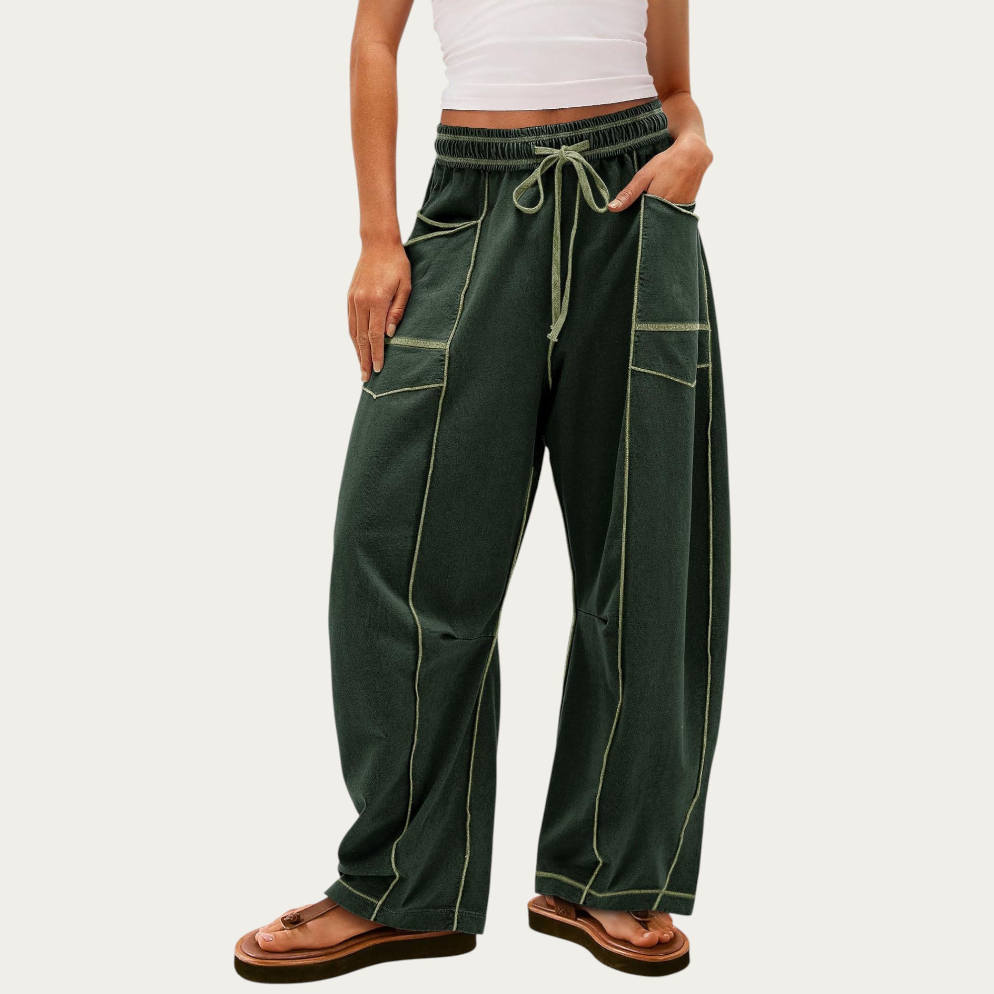 Anna-Kaci Women¡¯s Soft Wide Leg Pants with Cargo Style Seam Detailing Adjustable Drawstring Waistband and Relaxed Stretch Fit