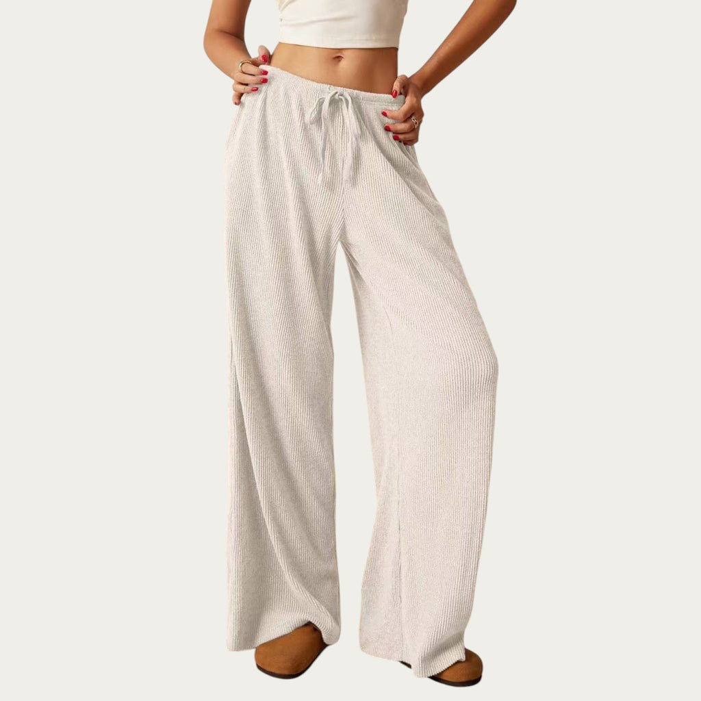 Anna-Kaci Women¡¯s Soft Ribbed Pants with Wide Relaxed Legs Adjustable Drawstring Waistband and Stretch Fabric