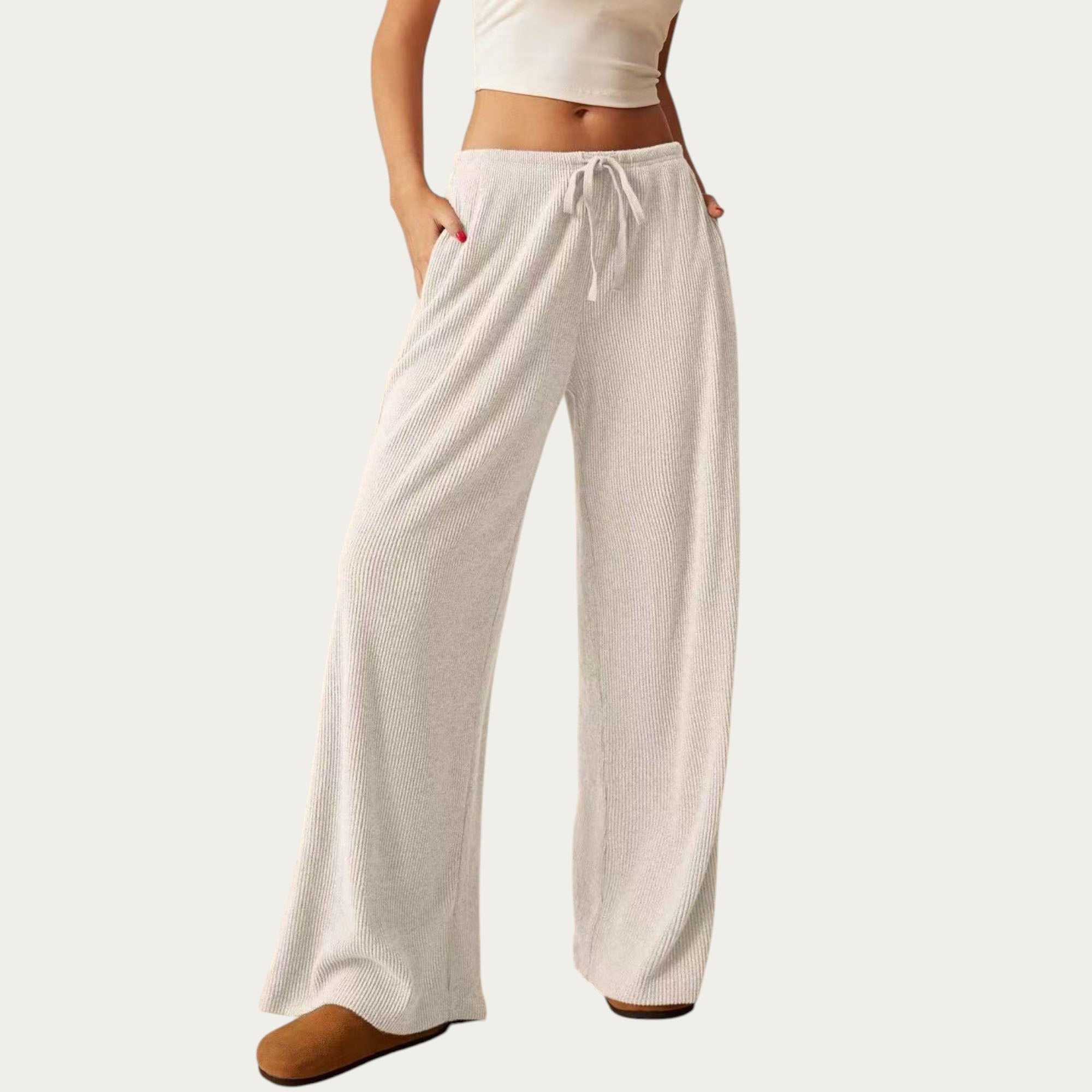 Anna-Kaci Women¡¯s Soft Ribbed Pants with Wide Relaxed Legs Adjustable Drawstring Waistband and Stretch Fabric