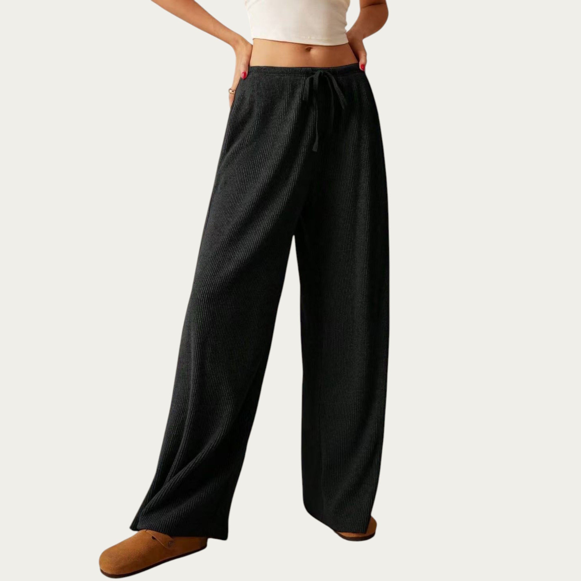 Anna-Kaci Women¡¯s Soft Ribbed Pants with Wide Relaxed Legs Adjustable Drawstring Waistband and Stretch Fabric