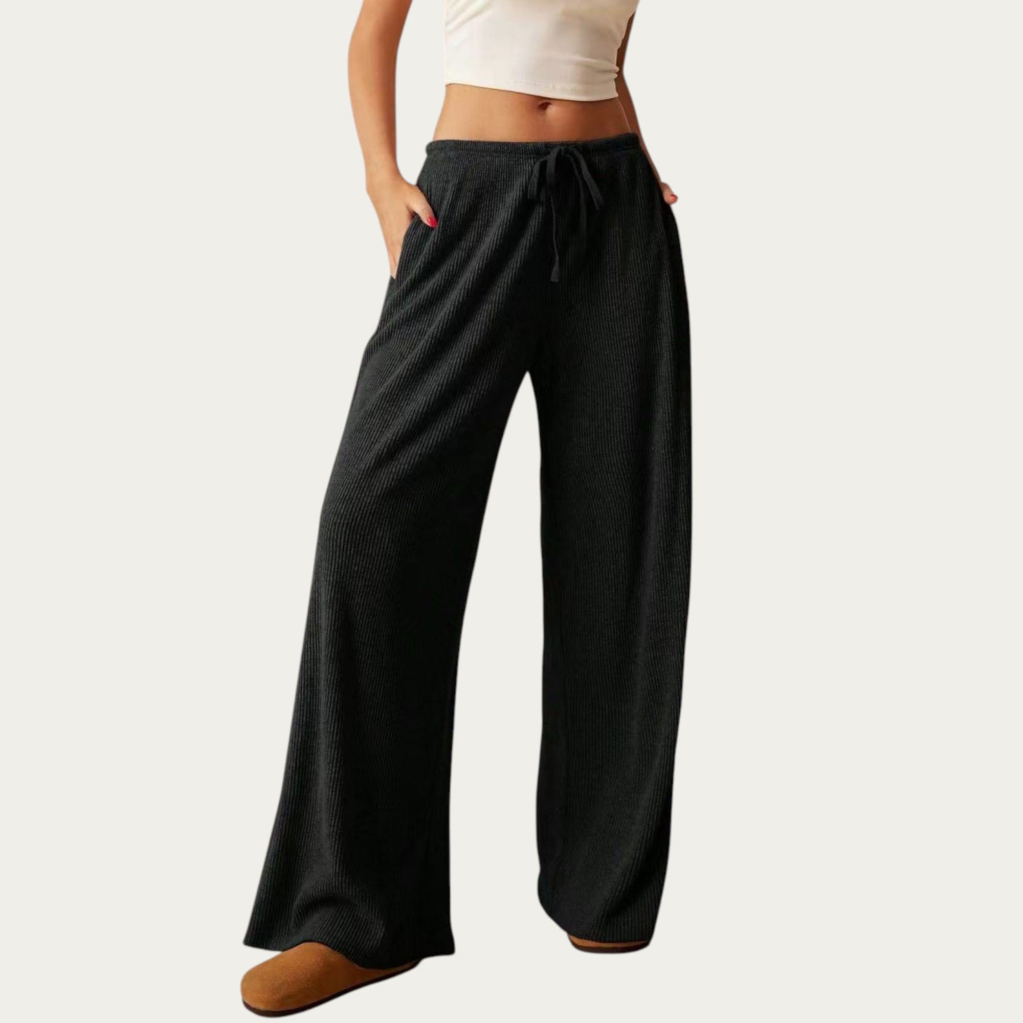 Anna-Kaci Women¡¯s Soft Ribbed Pants with Wide Relaxed Legs Adjustable Drawstring Waistband and Stretch Fabric