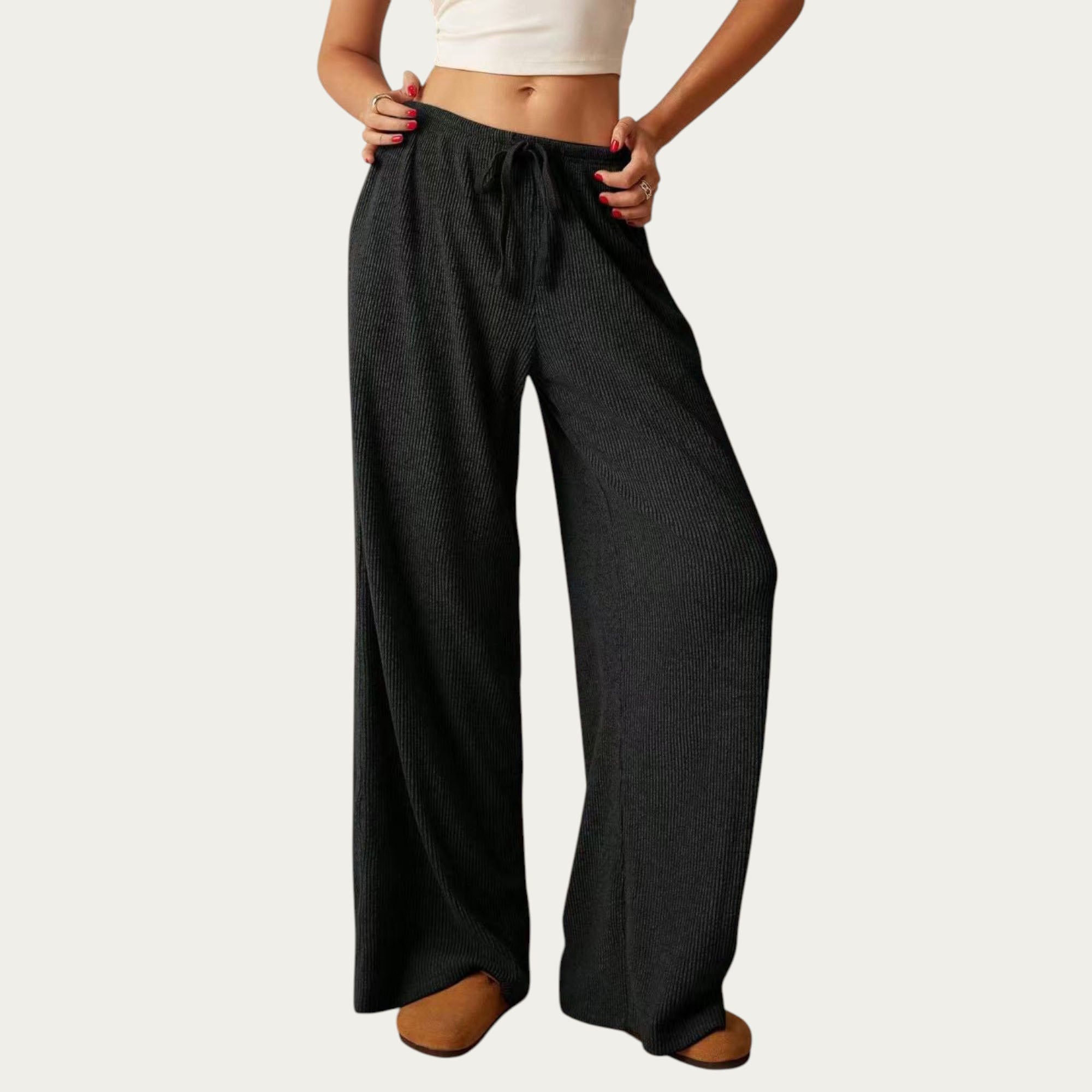 Anna-Kaci Women¡¯s Soft Ribbed Pants with Wide Relaxed Legs Adjustable Drawstring Waistband and Stretch Fabric