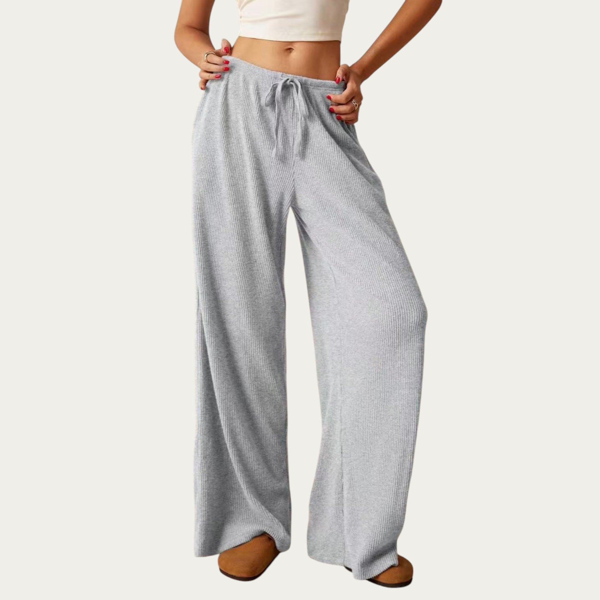 Anna-Kaci Women¡¯s Soft Ribbed Pants with Wide Relaxed Legs Adjustable Drawstring Waistband and Stretch Fabric