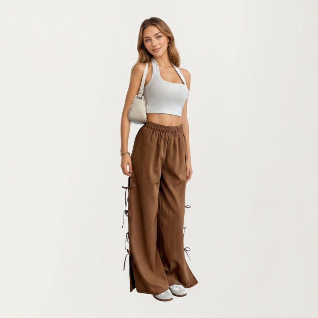 Anna-Kaci Women¡¯s Wide Leg Lounge Pants with Soft Relaxed Fit Elastic Waistband and Adjustable Side Tie Accents