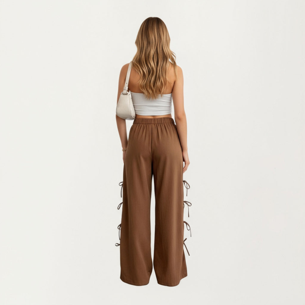 Anna-Kaci Women¡¯s Wide Leg Lounge Pants with Soft Relaxed Fit Elastic Waistband and Adjustable Side Tie Accents