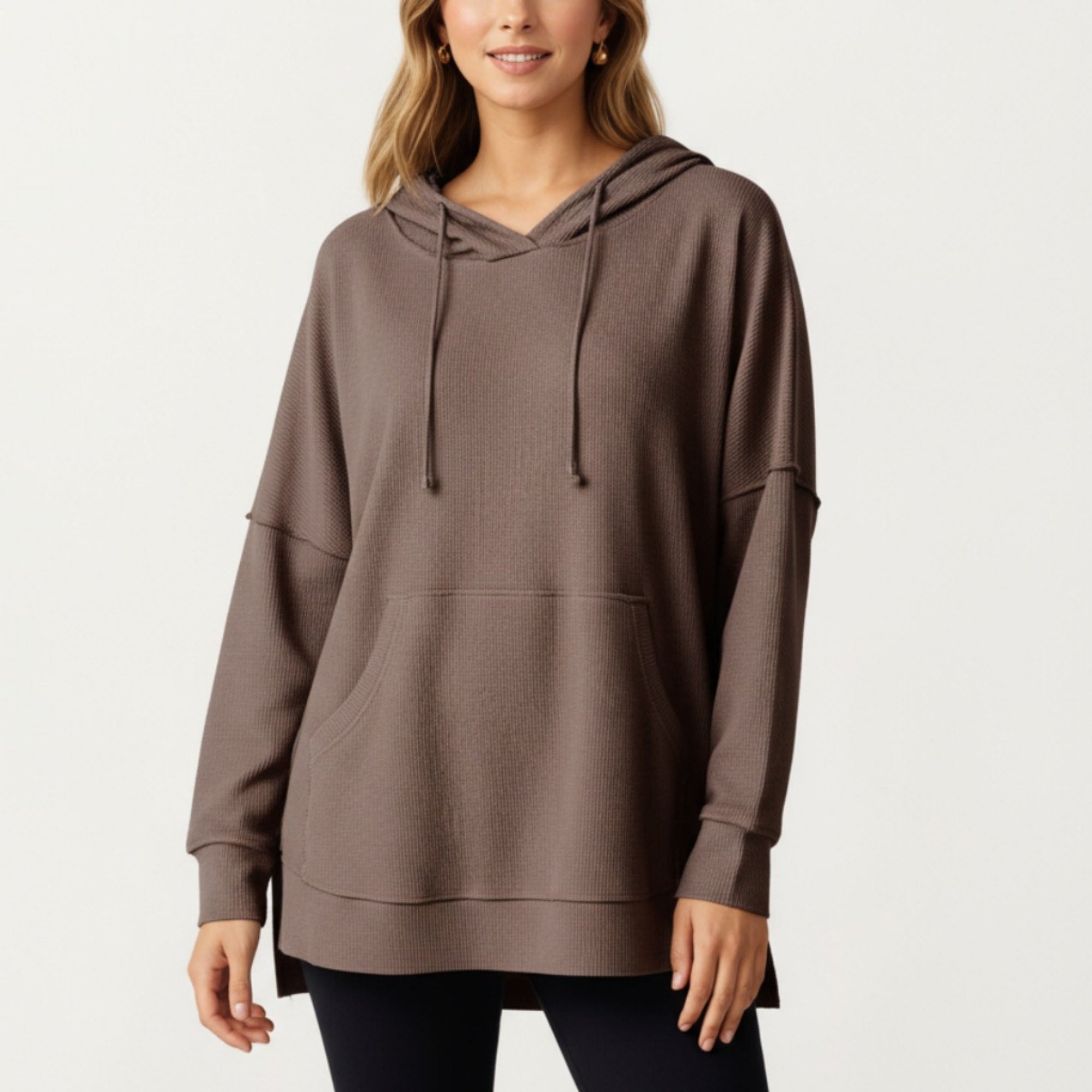 Anna-Kaci Women¡¯s Long Sleeve Waffle Knit Hoodie Top with Kangaroo Pocket Soft Relaxed Fit Drop Shoulder Design