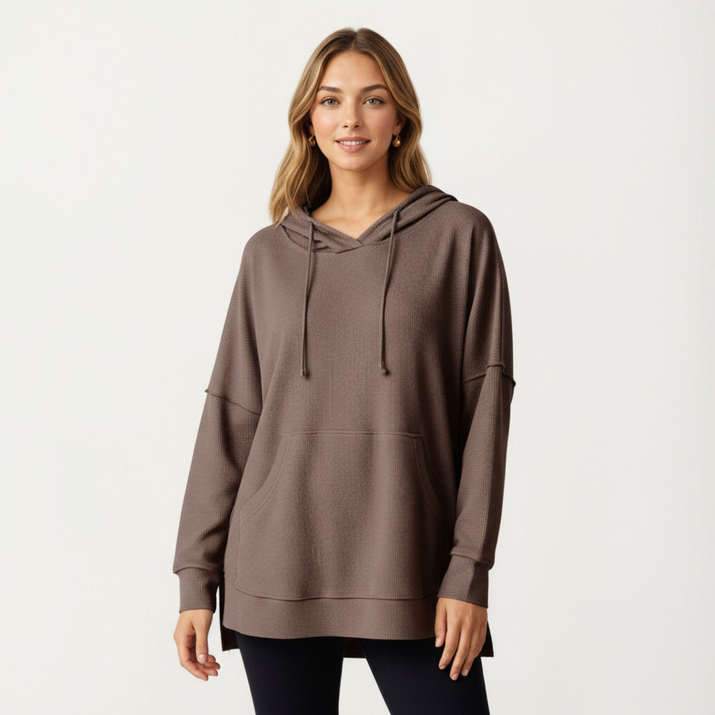 Anna-Kaci Women¡¯s Long Sleeve Waffle Knit Hoodie Top with Kangaroo Pocket Soft Relaxed Fit Drop Shoulder Design