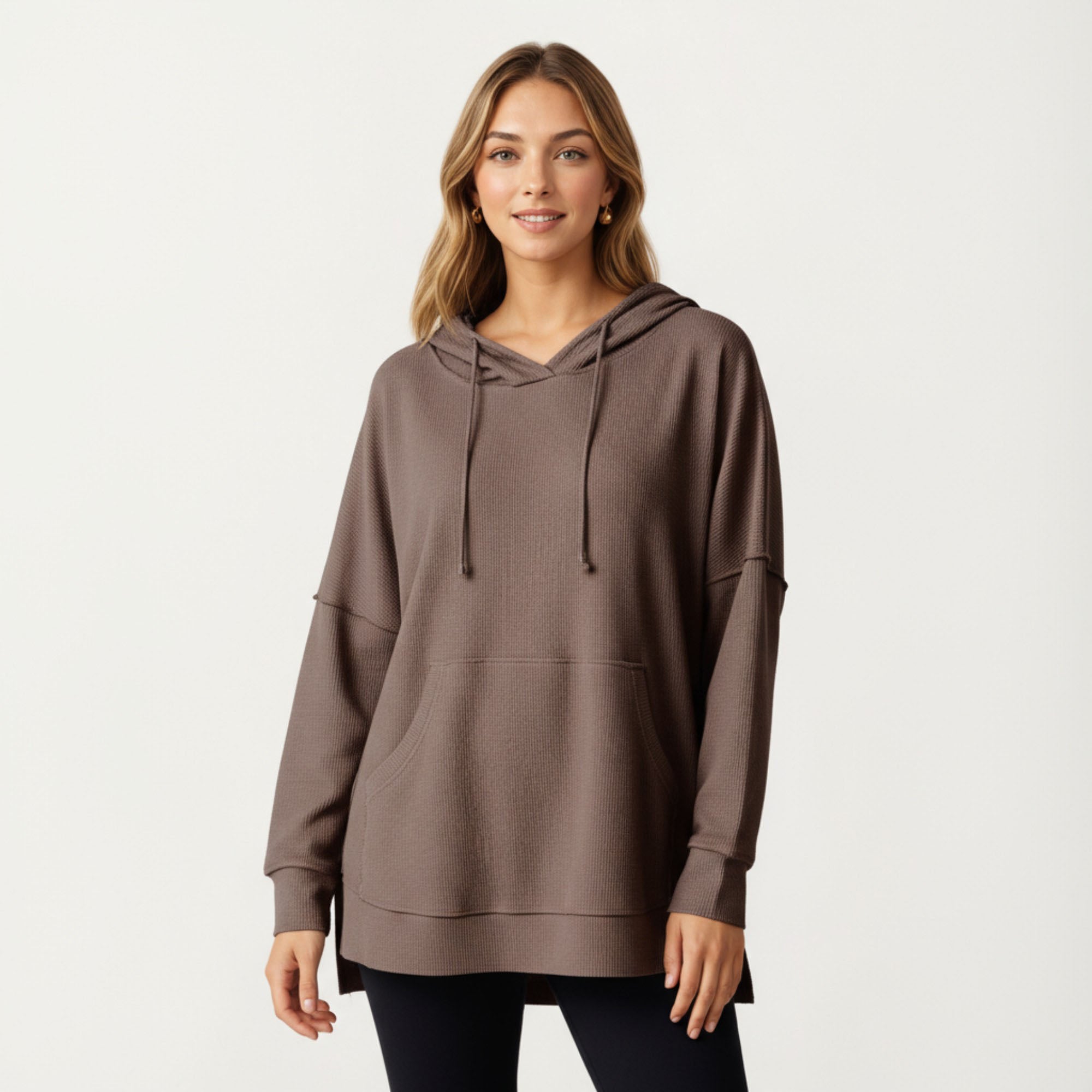 Anna-Kaci Women¡¯s Long Sleeve Waffle Knit Hoodie Top with Kangaroo Pocket Soft Relaxed Fit Drop Shoulder Design