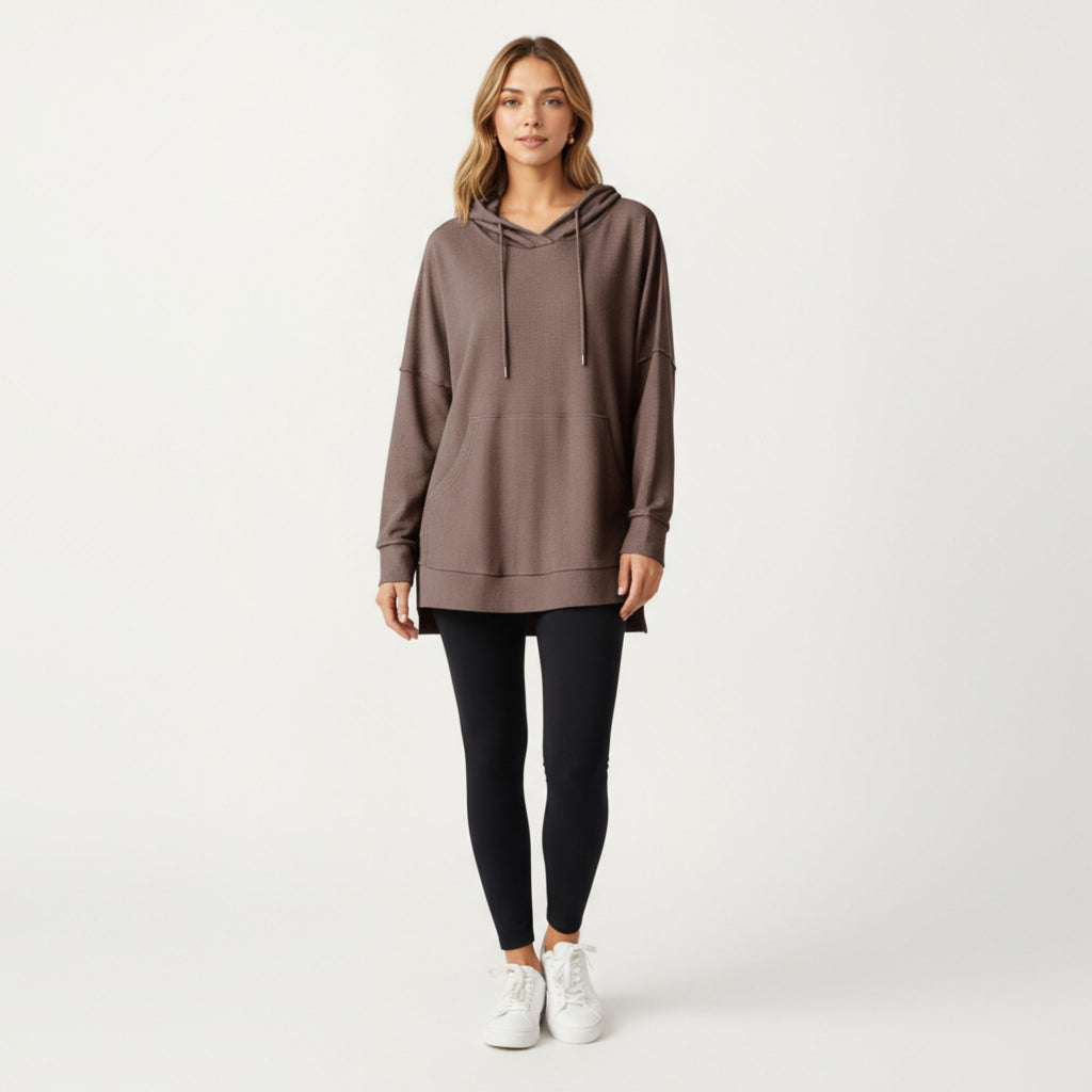 Anna-Kaci Women¡¯s Long Sleeve Waffle Knit Hoodie Top with Kangaroo Pocket Soft Relaxed Fit Drop Shoulder Design