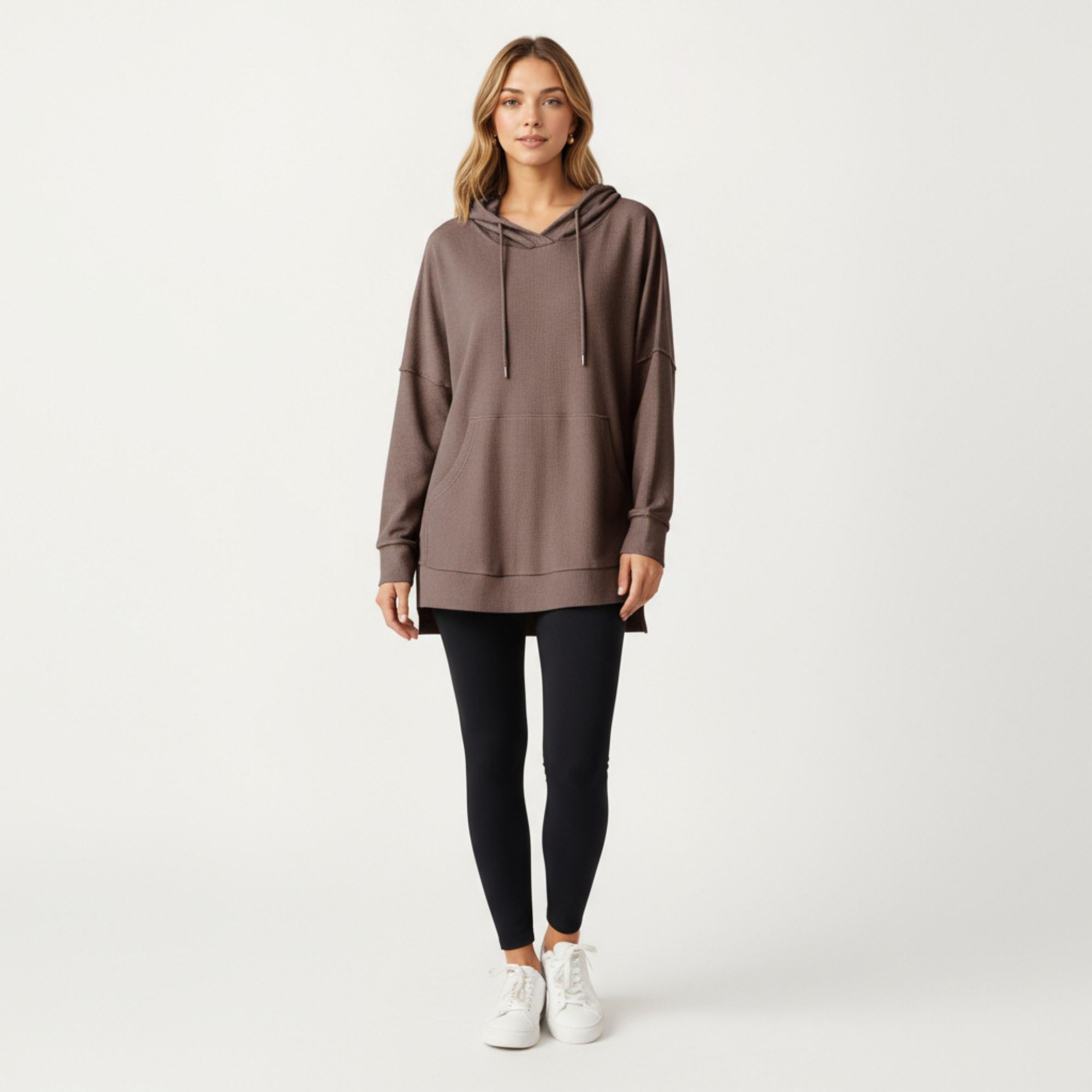 Anna-Kaci Women¡¯s Long Sleeve Waffle Knit Hoodie Top with Kangaroo Pocket Soft Relaxed Fit Drop Shoulder Design