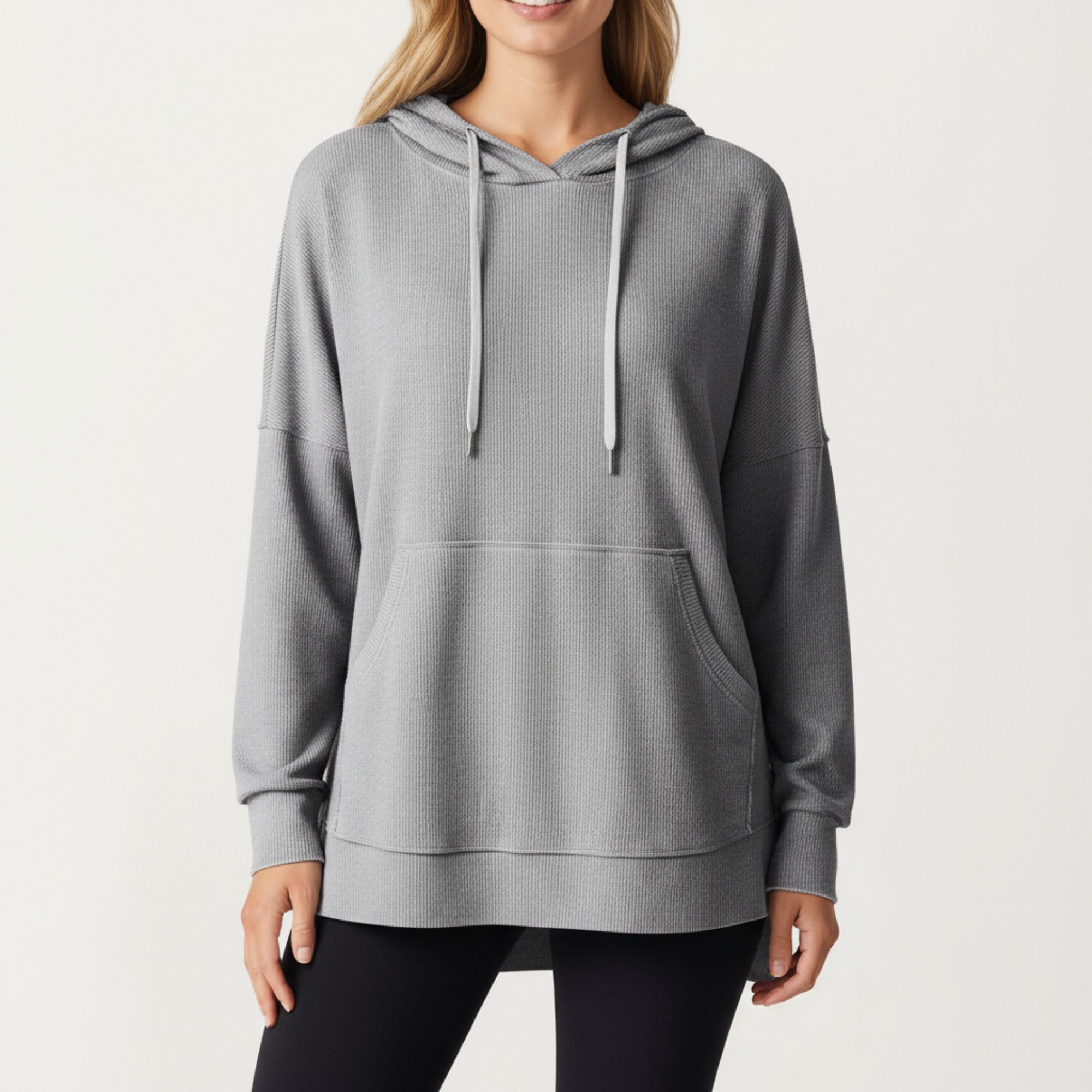 Anna-Kaci Women¡¯s Long Sleeve Waffle Knit Hoodie Top with Kangaroo Pocket Soft Relaxed Fit Drop Shoulder Design