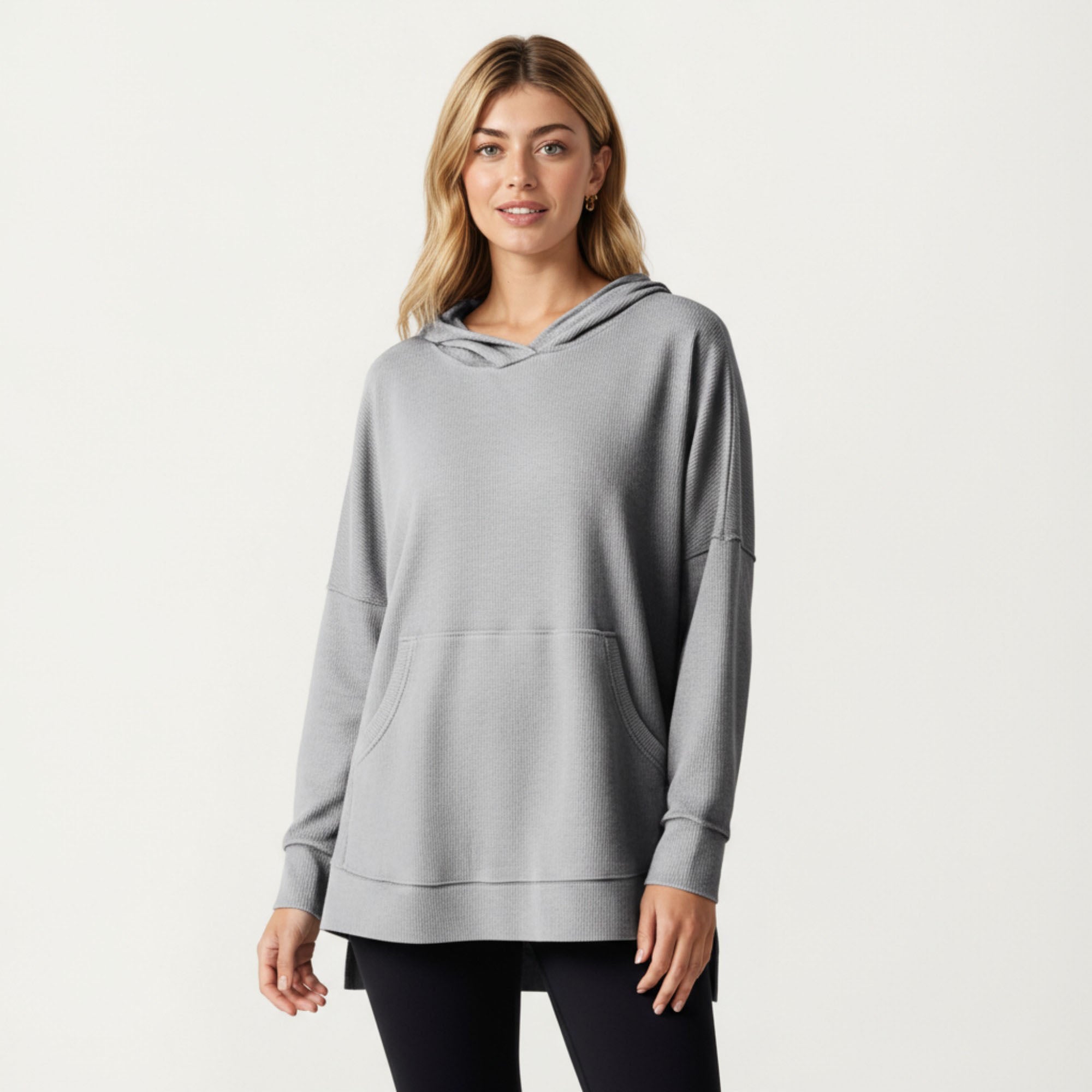 Anna-Kaci Women¡¯s Long Sleeve Waffle Knit Hoodie Top with Kangaroo Pocket Soft Relaxed Fit Drop Shoulder Design