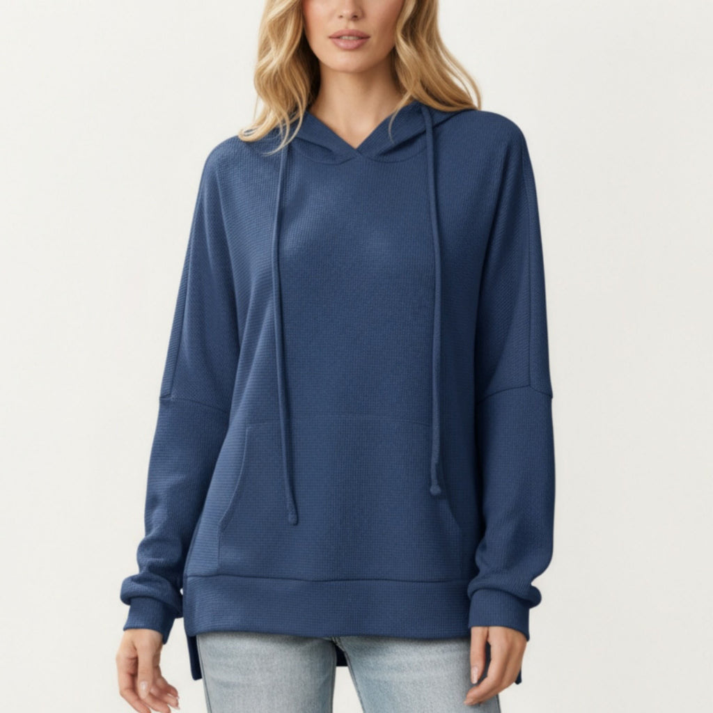 Anna-Kaci Women¡¯s Long Sleeve Waffle Knit Hoodie Top with Kangaroo Pocket Soft Relaxed Fit Drop Shoulder Design