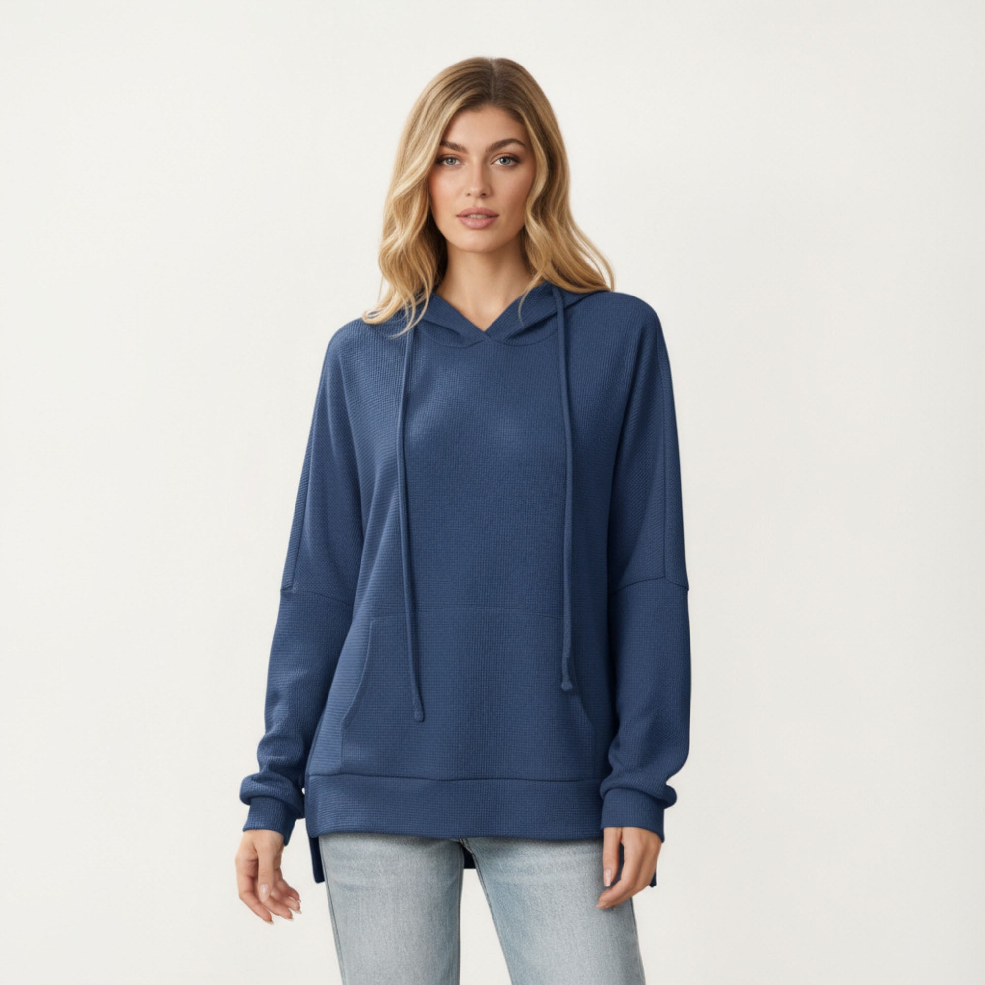 Anna-Kaci Women¡¯s Long Sleeve Waffle Knit Hoodie Top with Kangaroo Pocket Soft Relaxed Fit Drop Shoulder Design