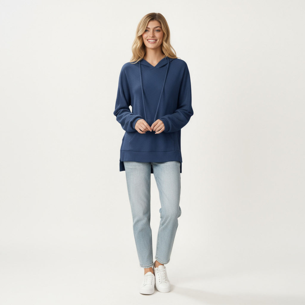 Anna-Kaci Women¡¯s Long Sleeve Waffle Knit Hoodie Top with Kangaroo Pocket Soft Relaxed Fit Drop Shoulder Design