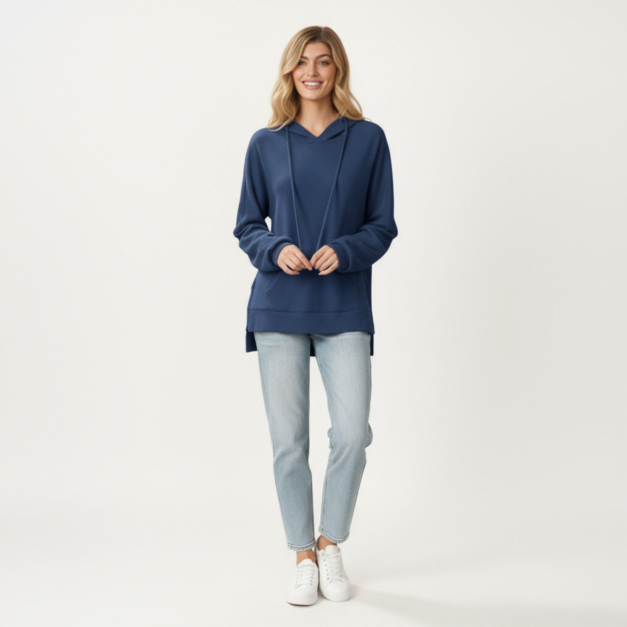 Anna-Kaci Women¡¯s Long Sleeve Waffle Knit Hoodie Top with Kangaroo Pocket Soft Relaxed Fit Drop Shoulder Design