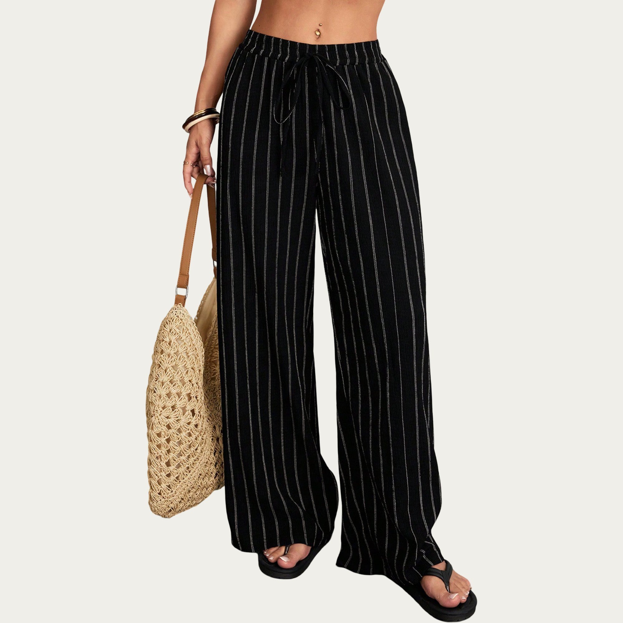 Anna-Kaci Women's High Waist Wide Leg Lounge Pants with Vertical Stripe Pattern, Adjustable Drawstring Waist, and Relaxed Fit