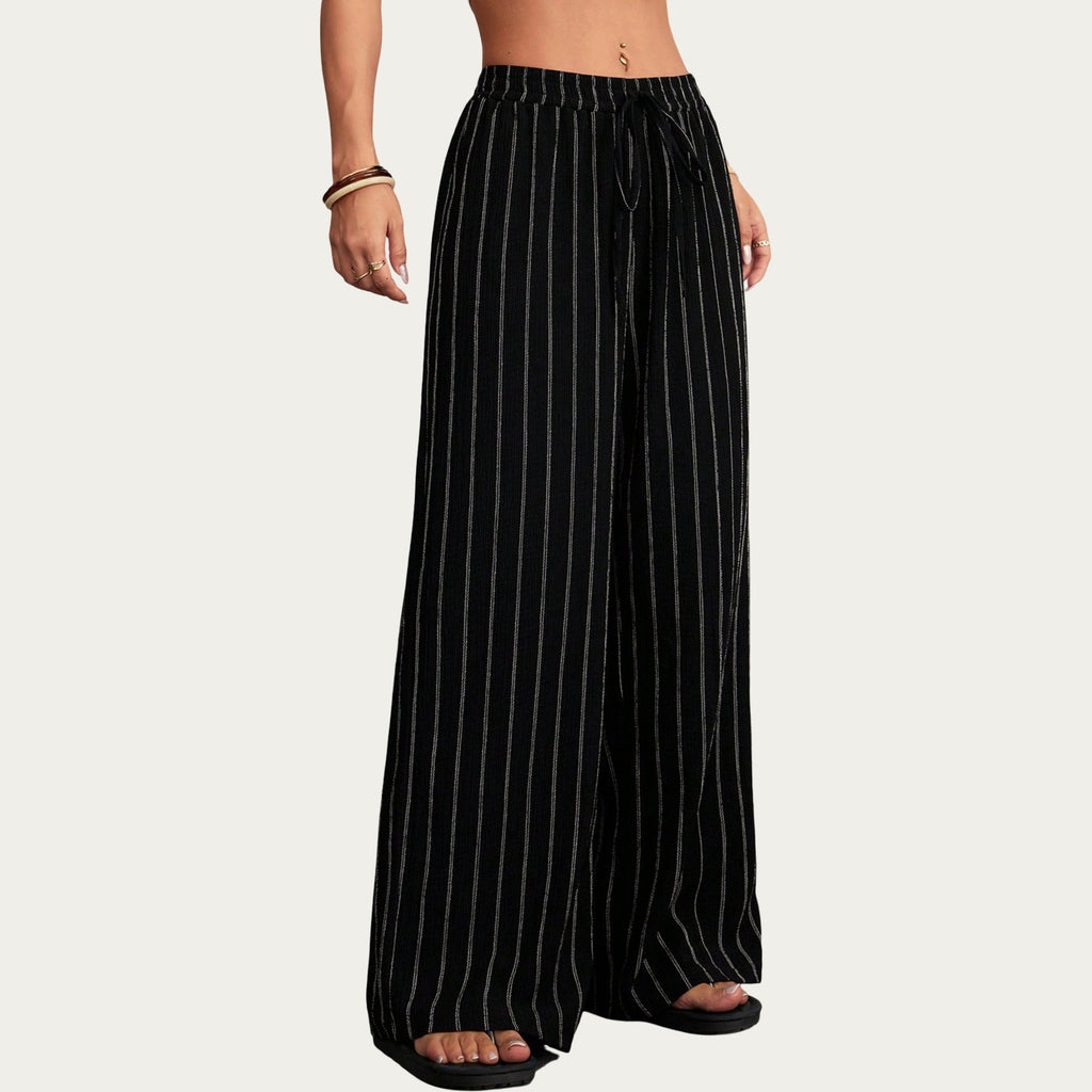 Anna-Kaci Women's High Waist Wide Leg Lounge Pants with Vertical Stripe Pattern, Adjustable Drawstring Waist, and Relaxed Fit