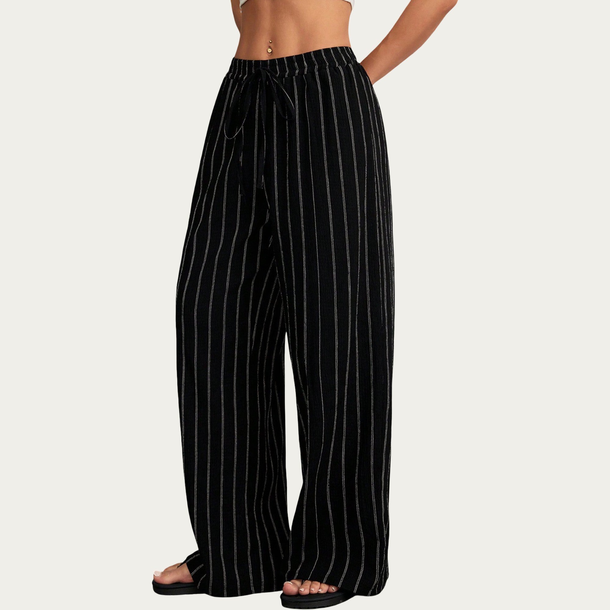 Anna-Kaci Women's High Waist Wide Leg Lounge Pants with Vertical Stripe Pattern, Adjustable Drawstring Waist, and Relaxed Fit