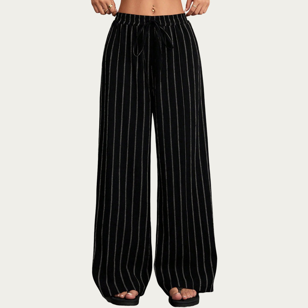 Anna-Kaci Women's High Waist Wide Leg Lounge Pants with Vertical Stripe Pattern, Adjustable Drawstring Waist, and Relaxed Fit