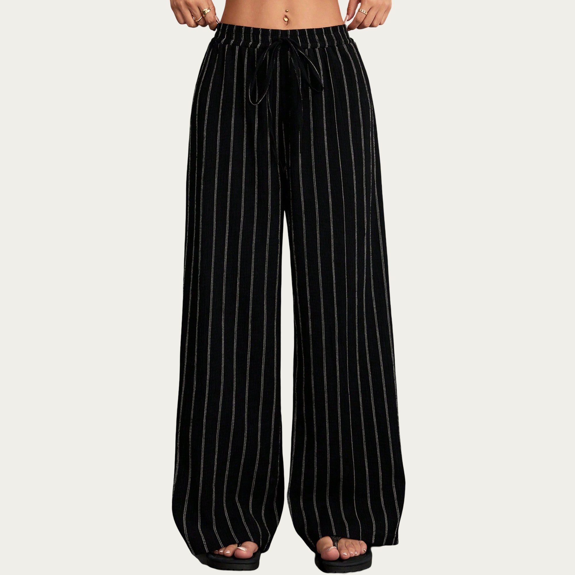Anna-Kaci Women's High Waist Wide Leg Lounge Pants with Vertical Stripe Pattern, Adjustable Drawstring Waist, and Relaxed Fit