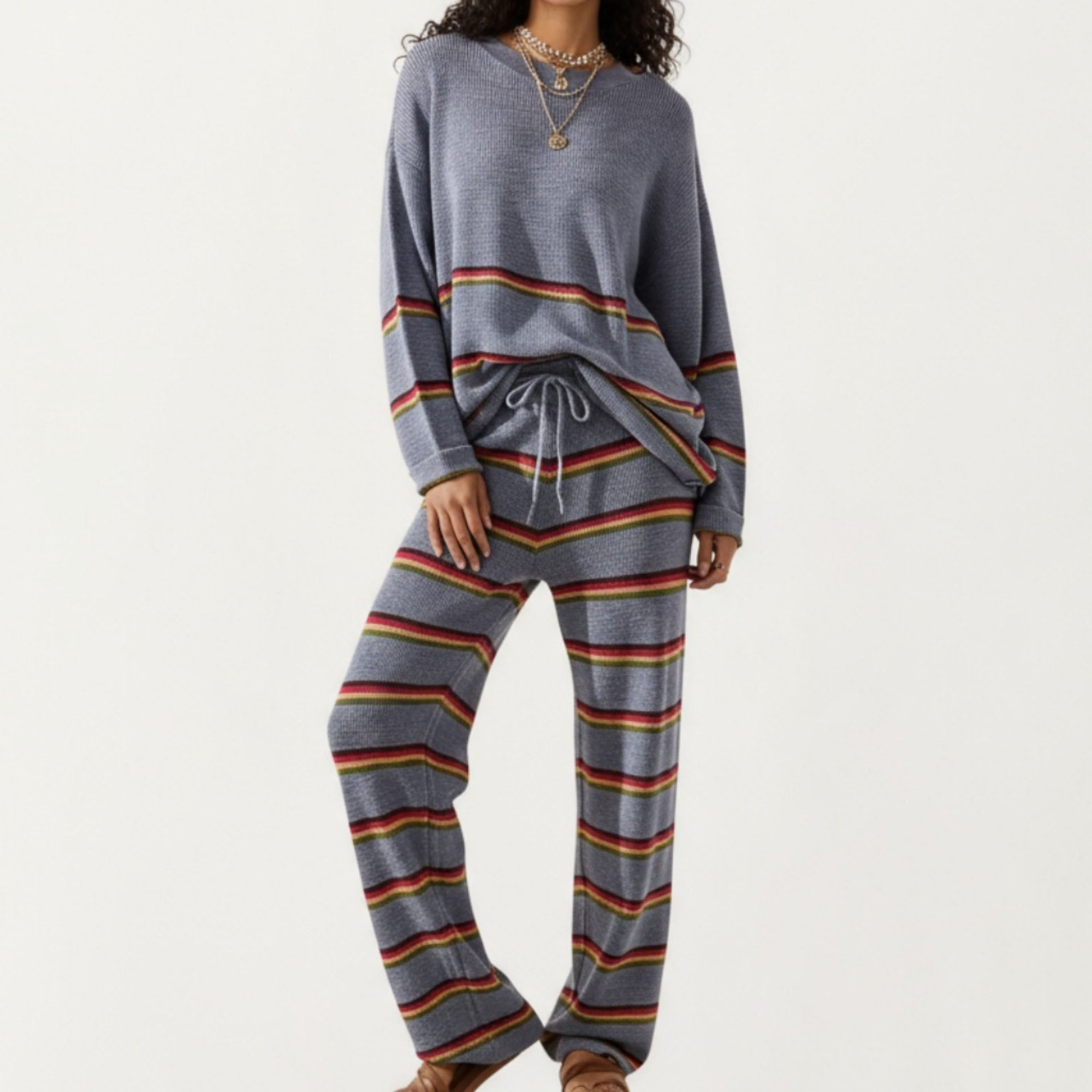 Anna-Kaci Women¡¯s Striped Long Sleeve Top and Wide Leg Pant Set with Soft Textured Knit Fabric and Adjustable Drawstring Waistband