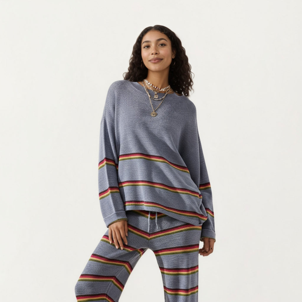 Anna-Kaci Women¡¯s Striped Long Sleeve Top and Wide Leg Pant Set with Soft Textured Knit Fabric and Adjustable Drawstring Waistband