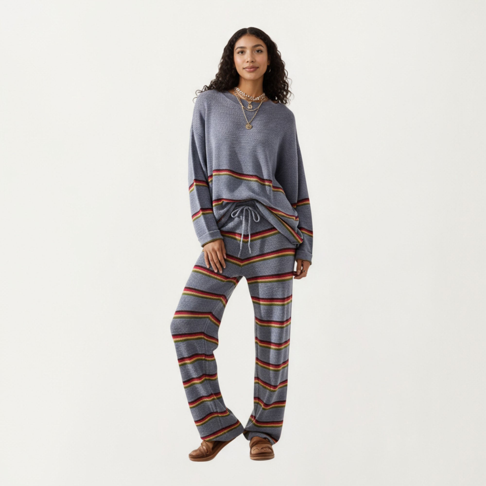 Anna-Kaci Women¡¯s Striped Long Sleeve Top and Wide Leg Pant Set with Soft Textured Knit Fabric and Adjustable Drawstring Waistband