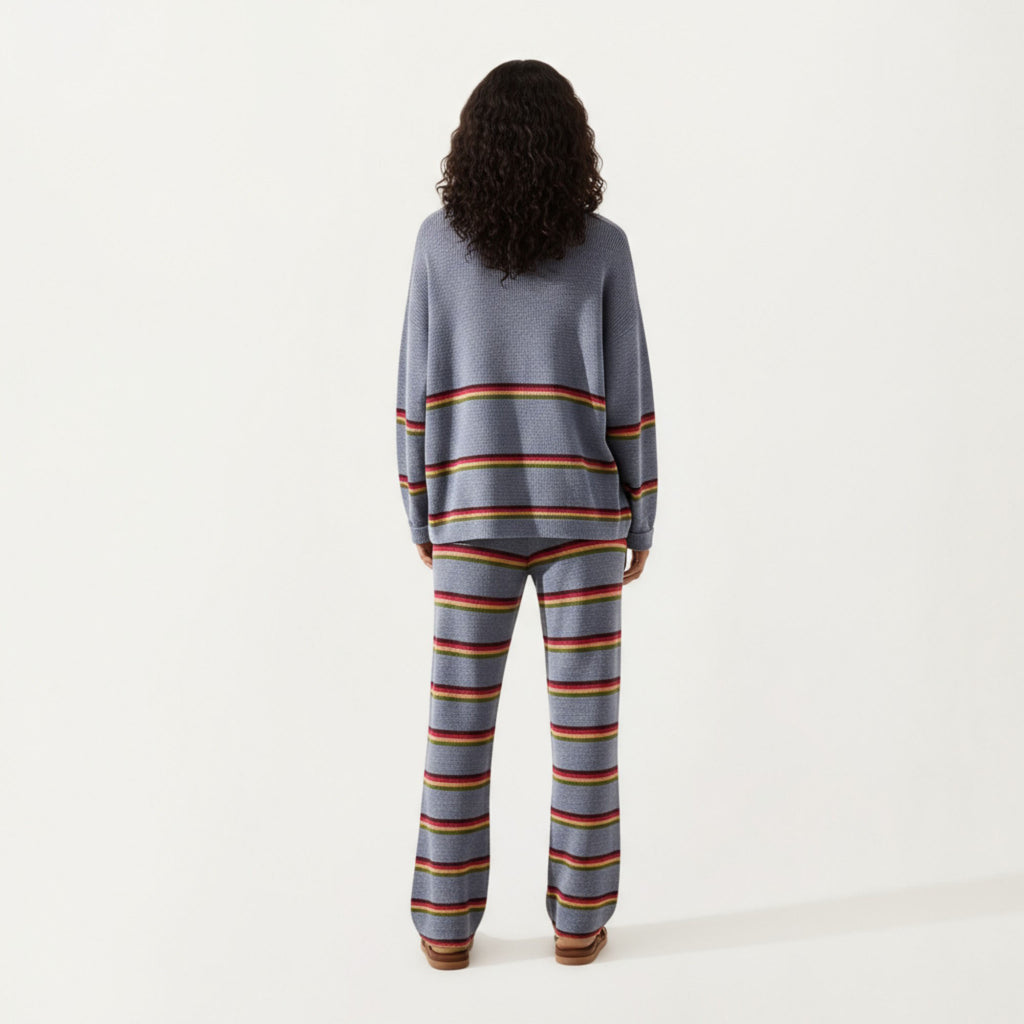 Anna-Kaci Women¡¯s Striped Long Sleeve Top and Wide Leg Pant Set with Soft Textured Knit Fabric and Adjustable Drawstring Waistband