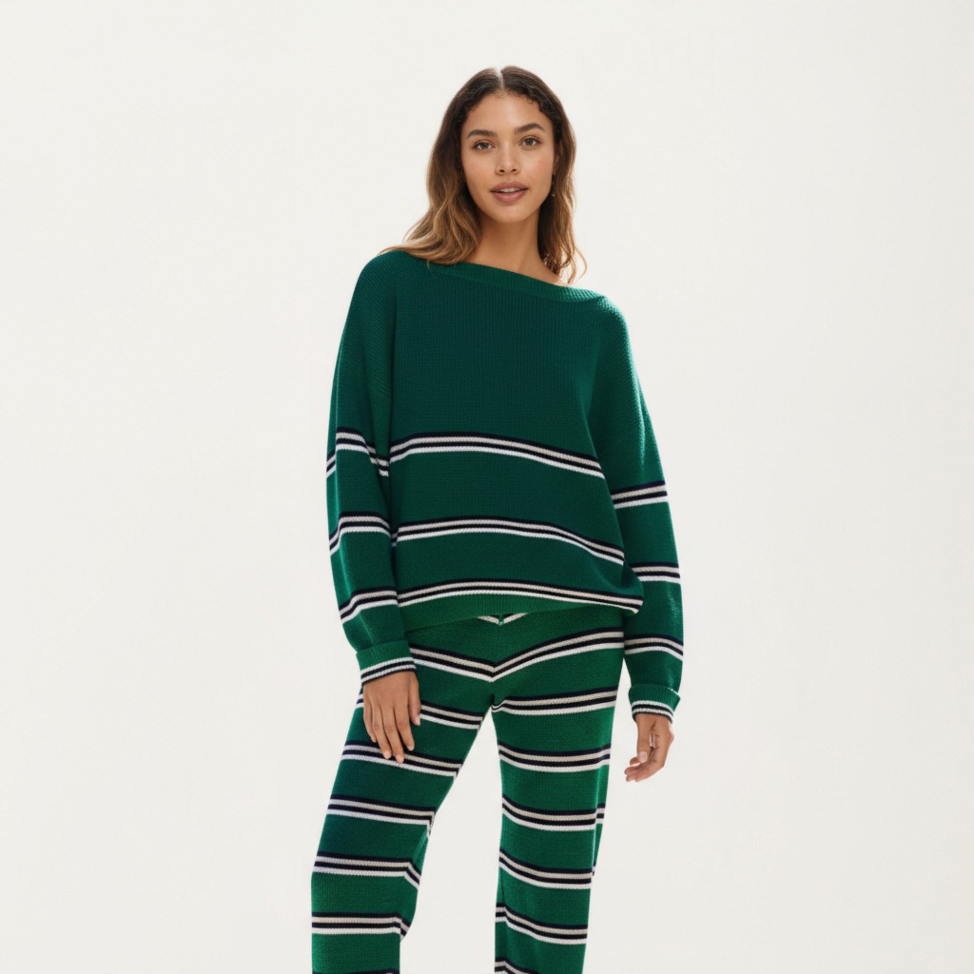 Anna-Kaci Women¡¯s Striped Long Sleeve Top and Wide Leg Pant Set with Soft Textured Knit Fabric and Adjustable Drawstring Waistband