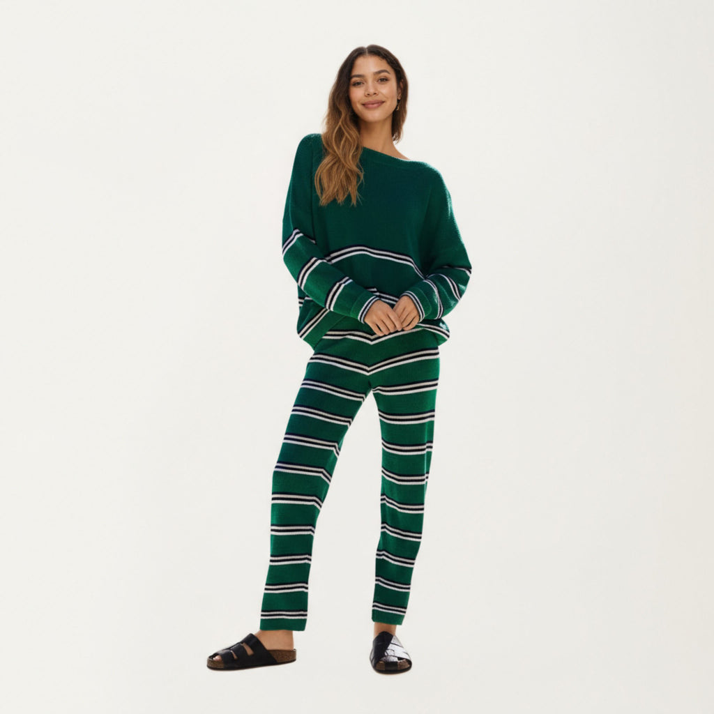 Anna-Kaci Women¡¯s Striped Long Sleeve Top and Wide Leg Pant Set with Soft Textured Knit Fabric and Adjustable Drawstring Waistband