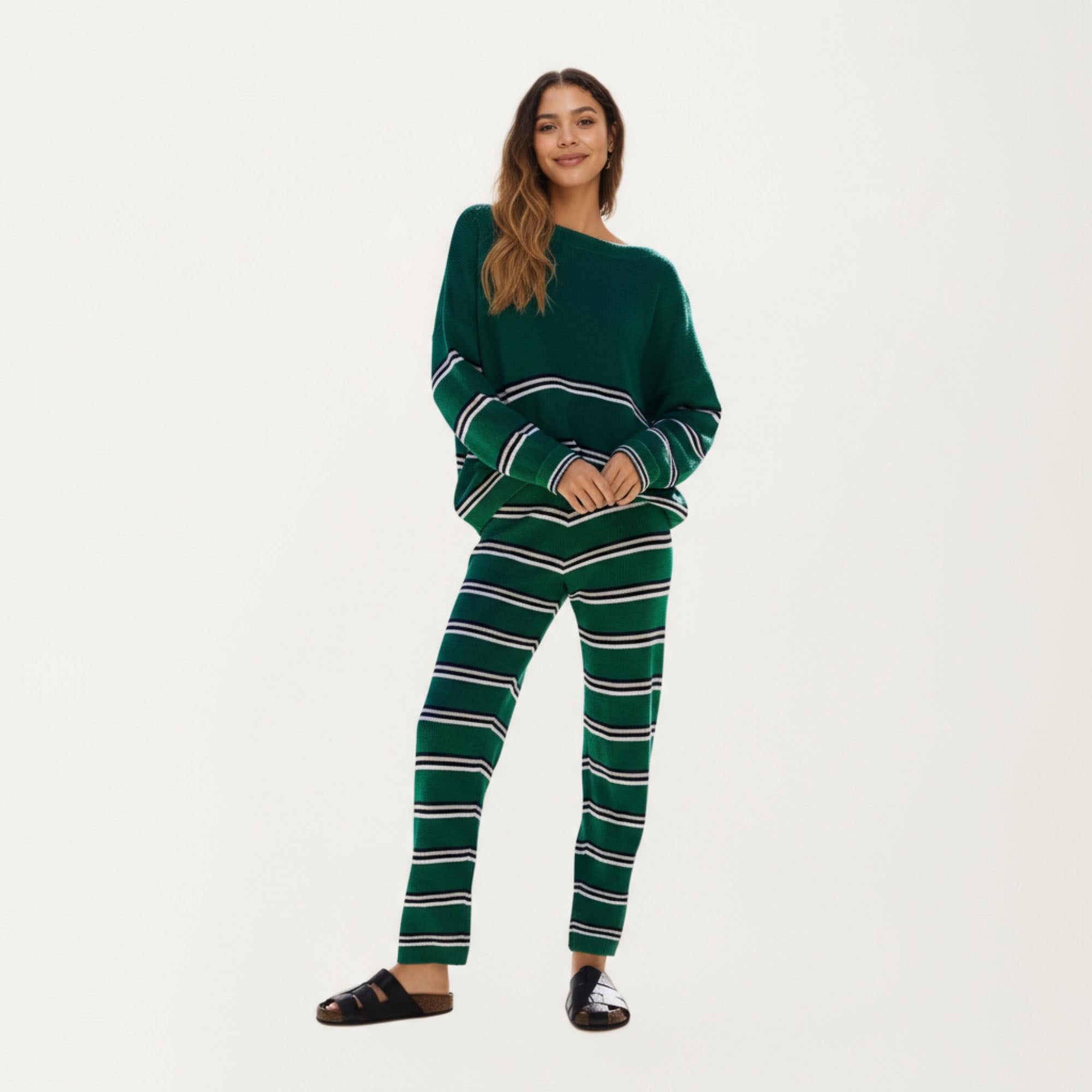 Anna-Kaci Women¡¯s Striped Long Sleeve Top and Wide Leg Pant Set with Soft Textured Knit Fabric and Adjustable Drawstring Waistband