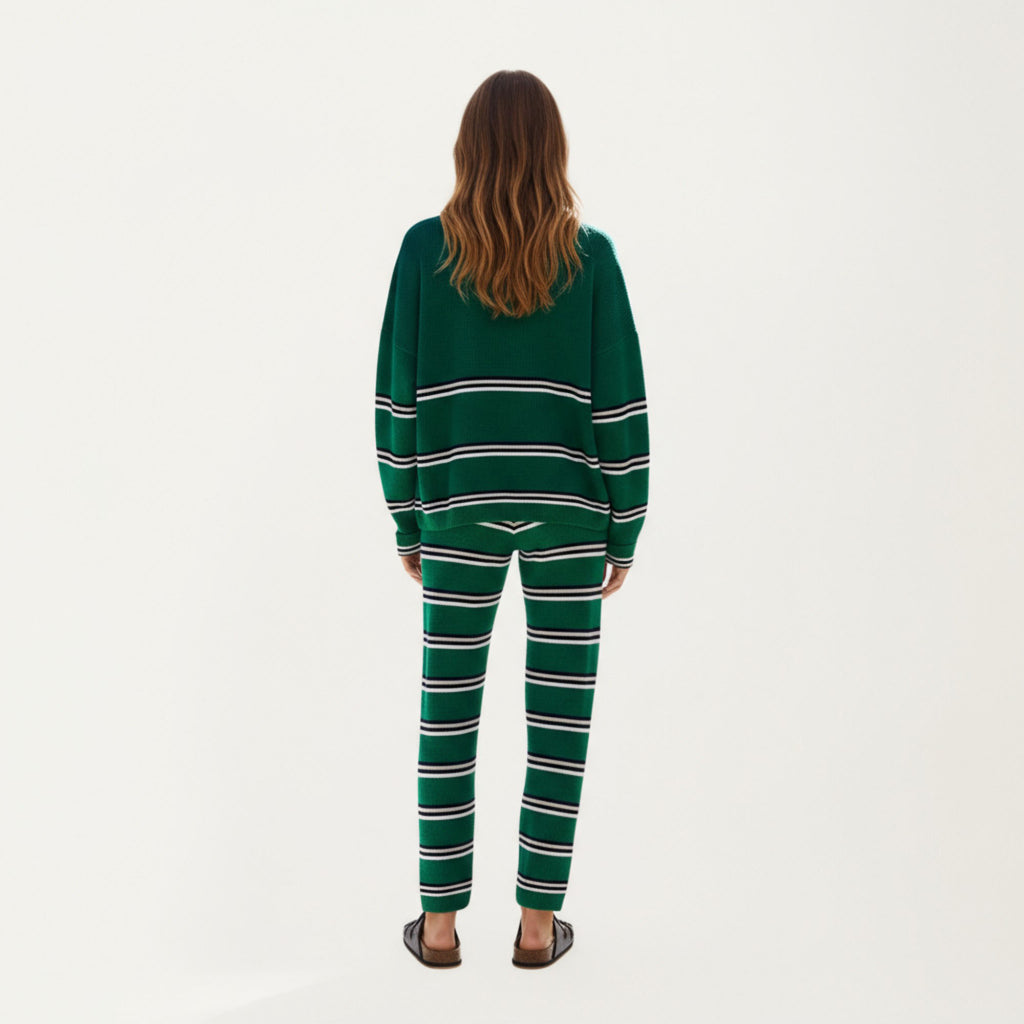 Anna-Kaci Women¡¯s Striped Long Sleeve Top and Wide Leg Pant Set with Soft Textured Knit Fabric and Adjustable Drawstring Waistband