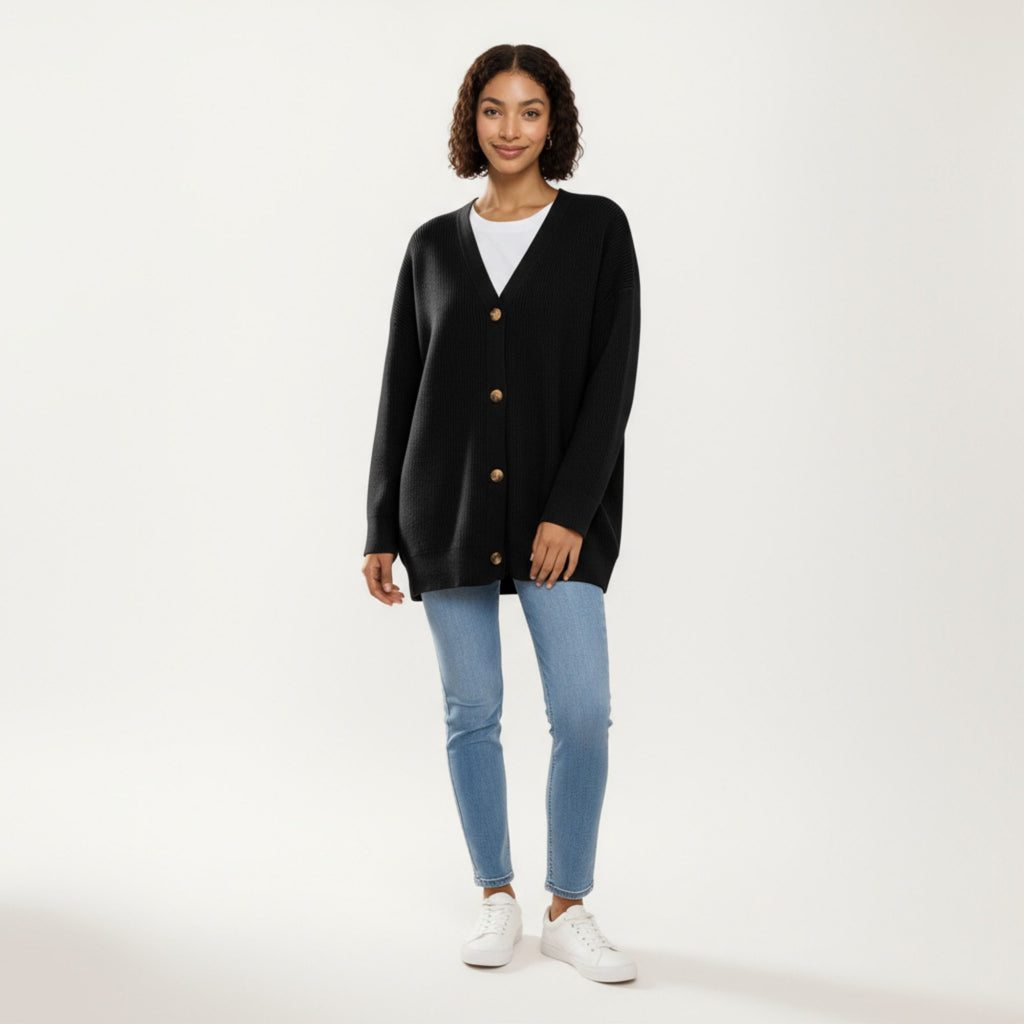 Anna-Kaci Women¡¯s Oversized Rib Knit Button Front Cardigan with Relaxed Drop-Shoulder Silhouette and Soft Textured Feel
