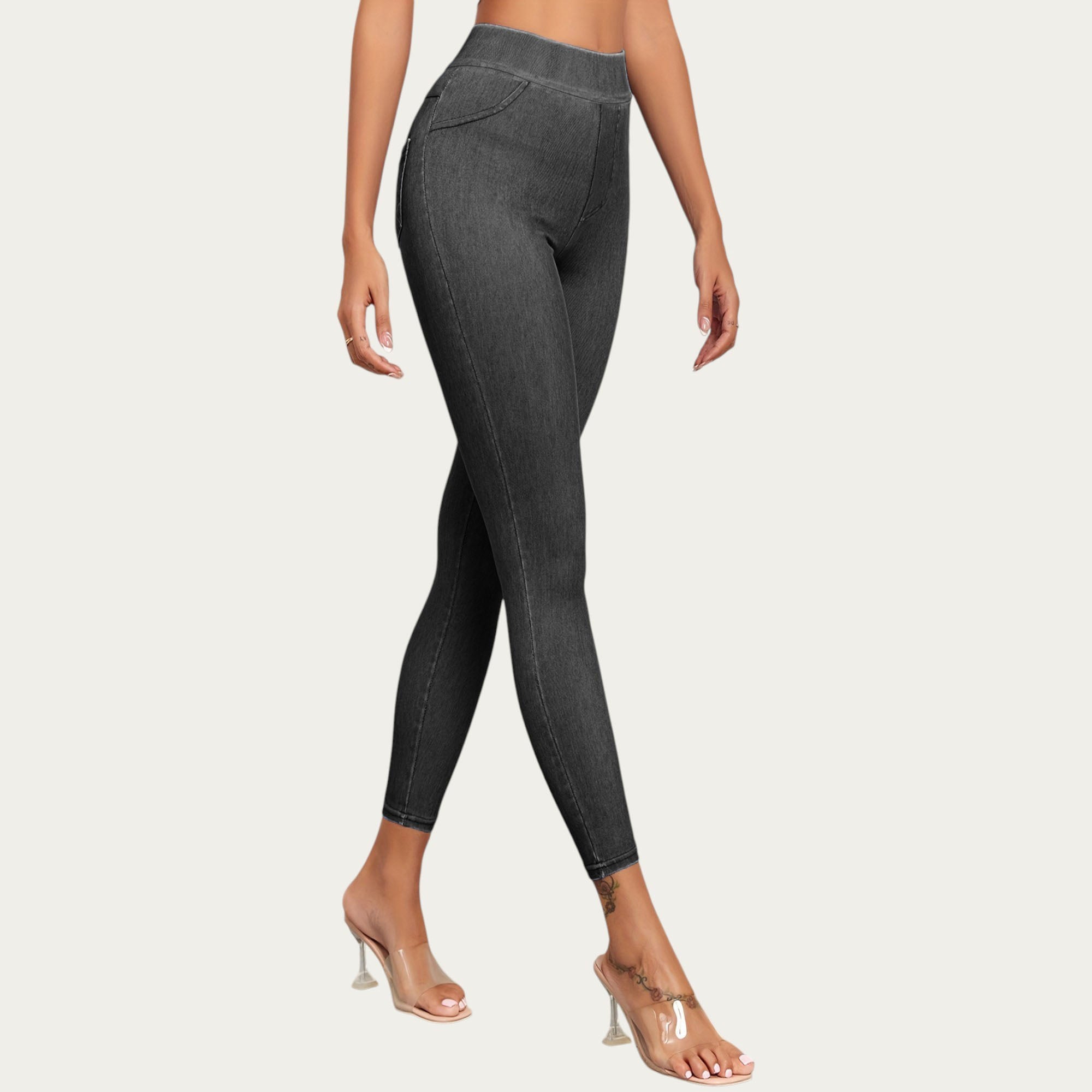 Anna-Kaci Women¡¯s High Waist Denim Look Leggings with Smooth Stretch Fabric Faux Pocket Details and Sleek Contoured Fit