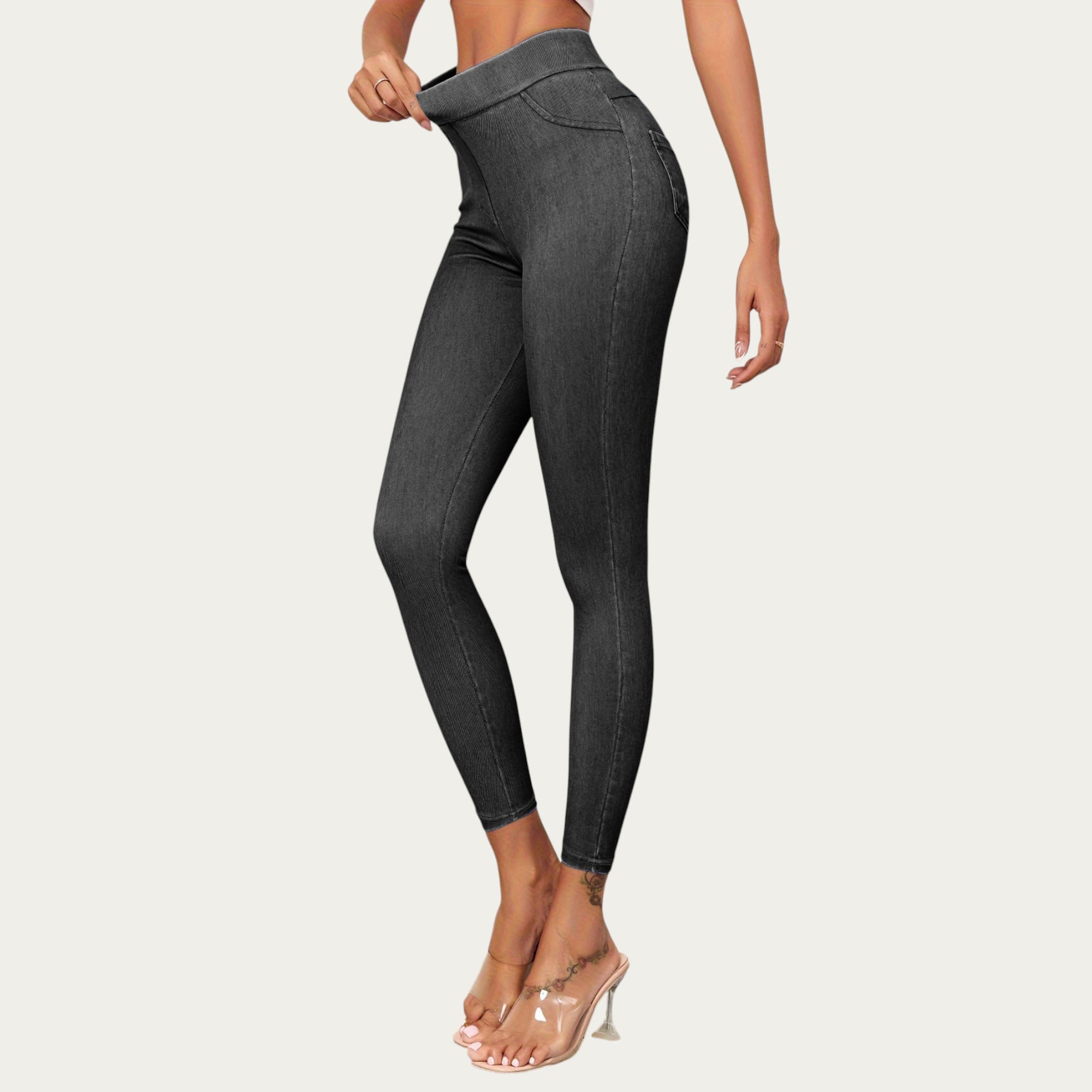 Anna-Kaci Women¡¯s High Waist Denim Look Leggings with Smooth Stretch Fabric Faux Pocket Details and Sleek Contoured Fit