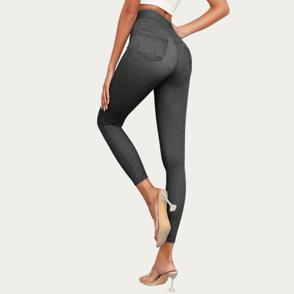 Anna-Kaci Women¡¯s High Waist Denim Look Leggings with Smooth Stretch Fabric Faux Pocket Details and Sleek Contoured Fit