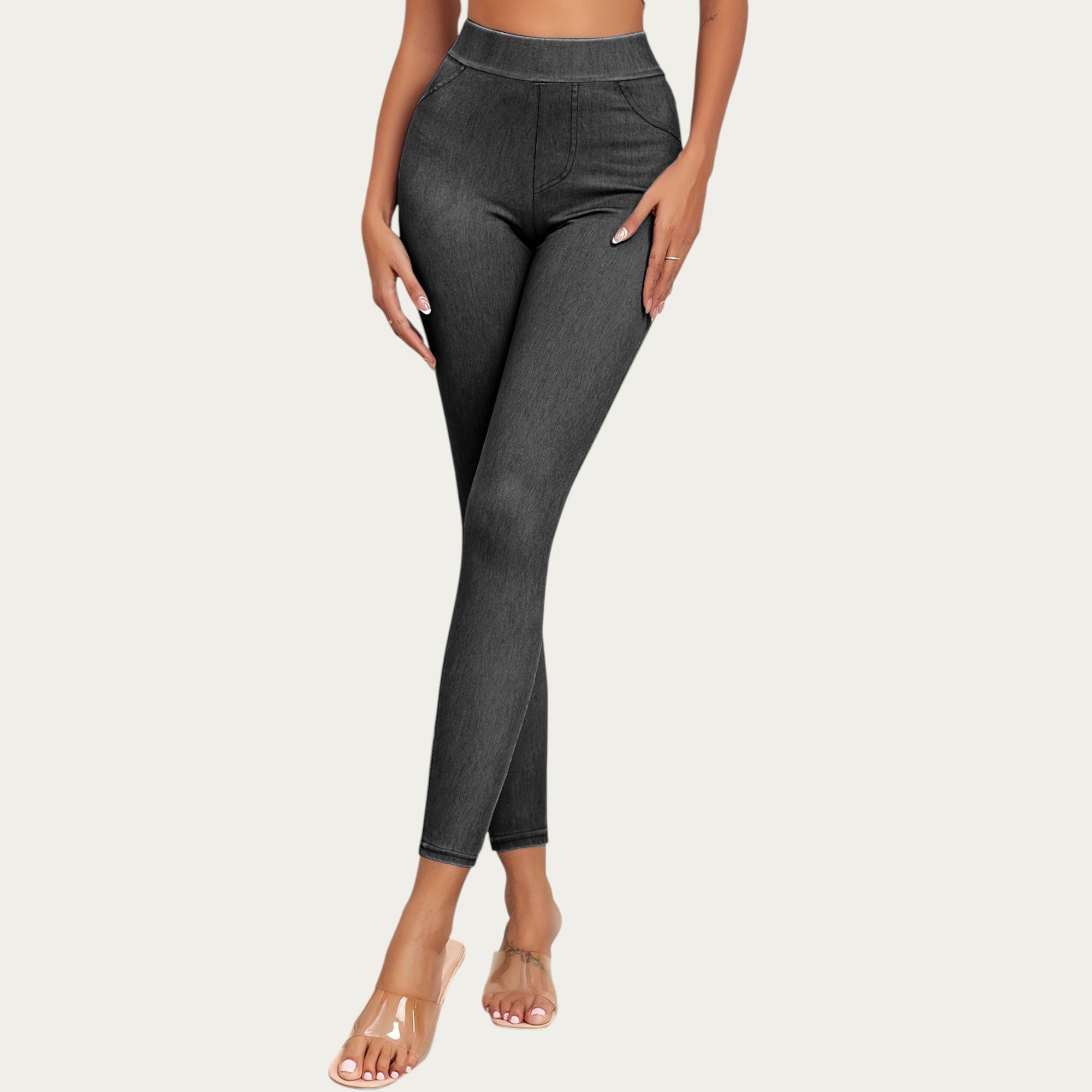 Anna-Kaci Women¡¯s High Waist Denim Look Leggings with Smooth Stretch Fabric Faux Pocket Details and Sleek Contoured Fit